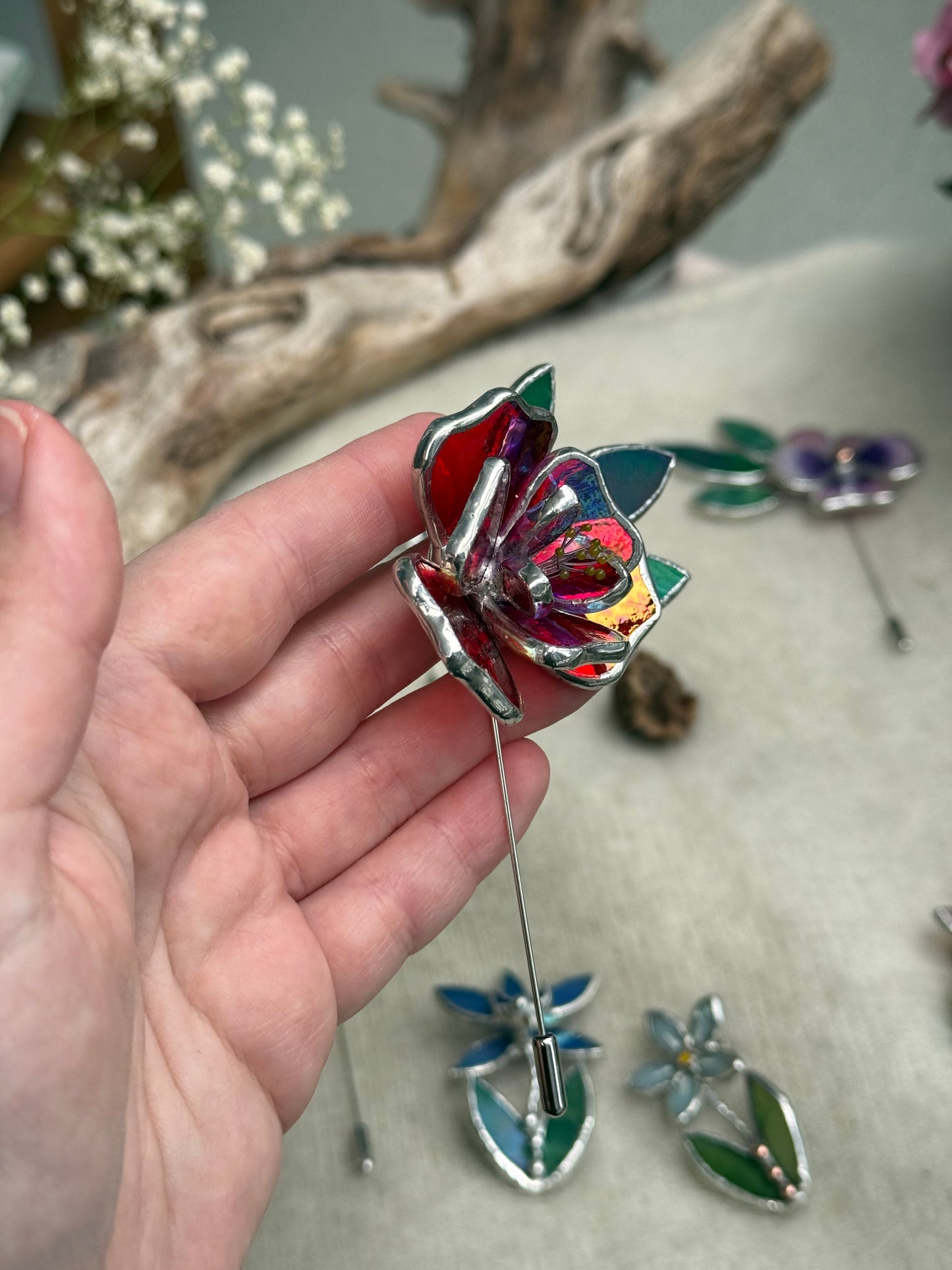 Red Rose Brooch Statement Stained Glass Floral Pin, Modern Art Jewelry