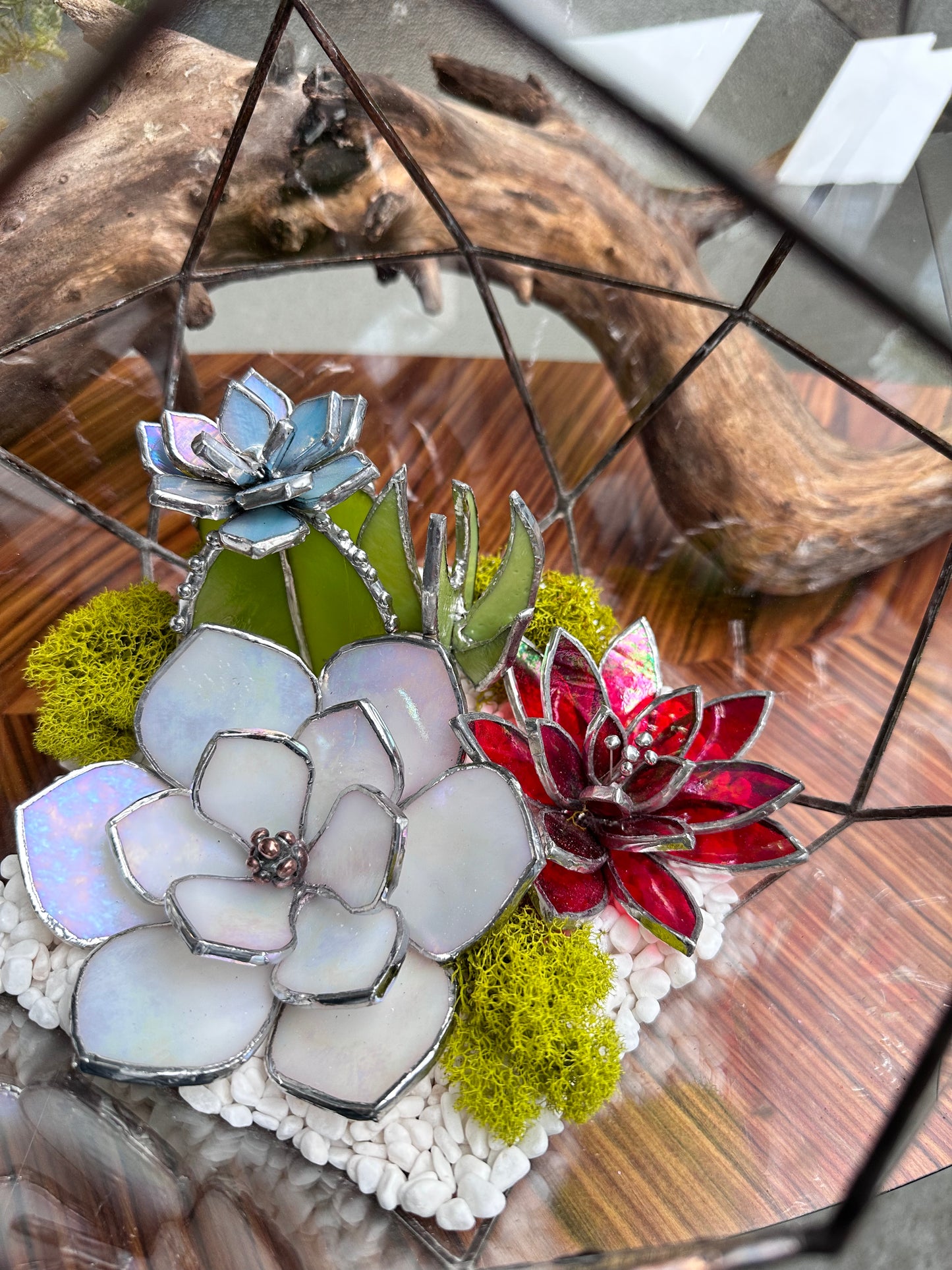 Geometric glass 3D terrarium with stained glass plants , Wedding glass decor, Mother’s Day  gift, glass art, sun catcher, succulents