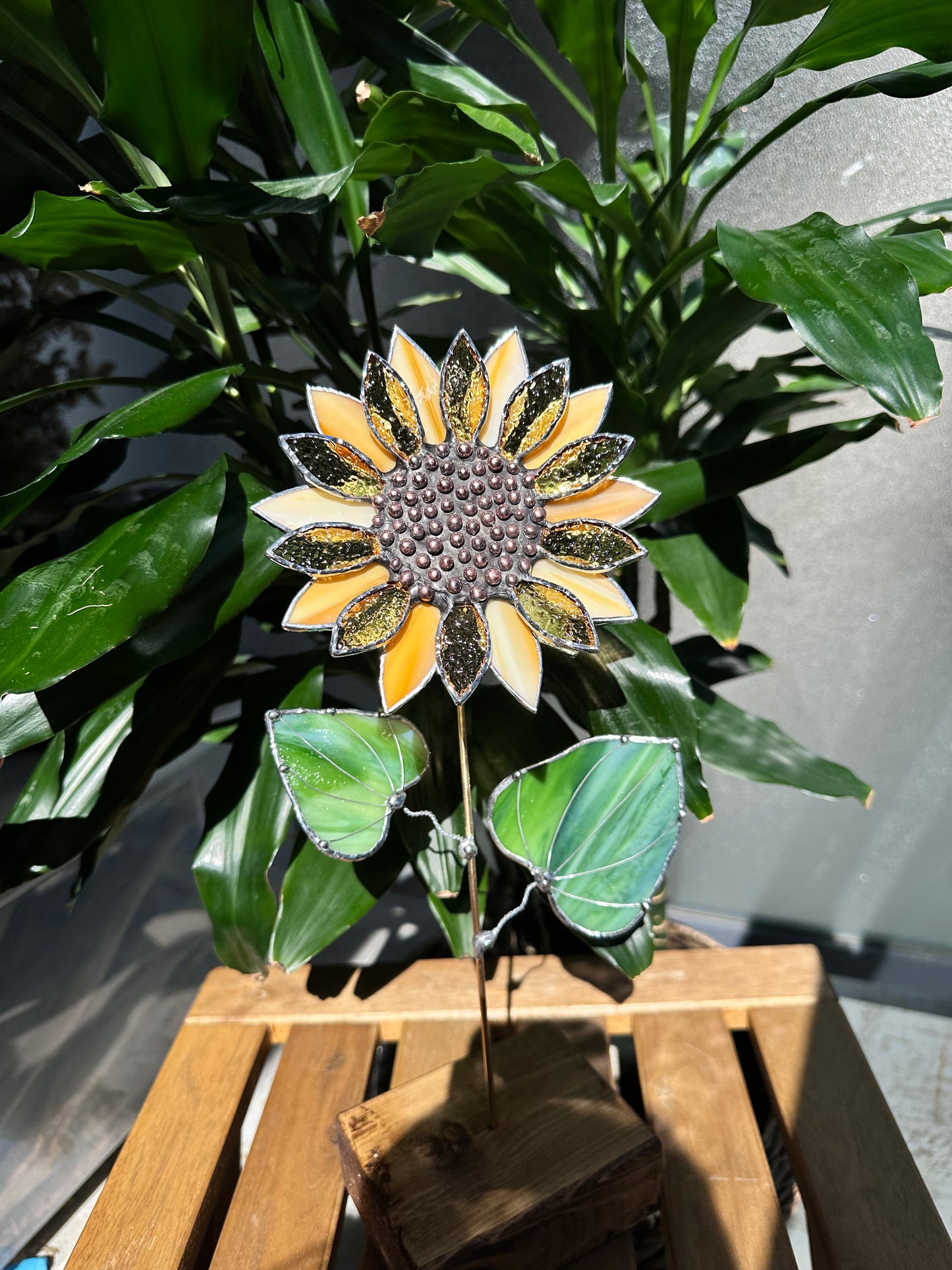 ".Sunflower Light Amber", stained glass tropical flower 3D, Sun catcher, Table plant decor, Garden stake, Outdoor and gardening, wedding Christmas gift