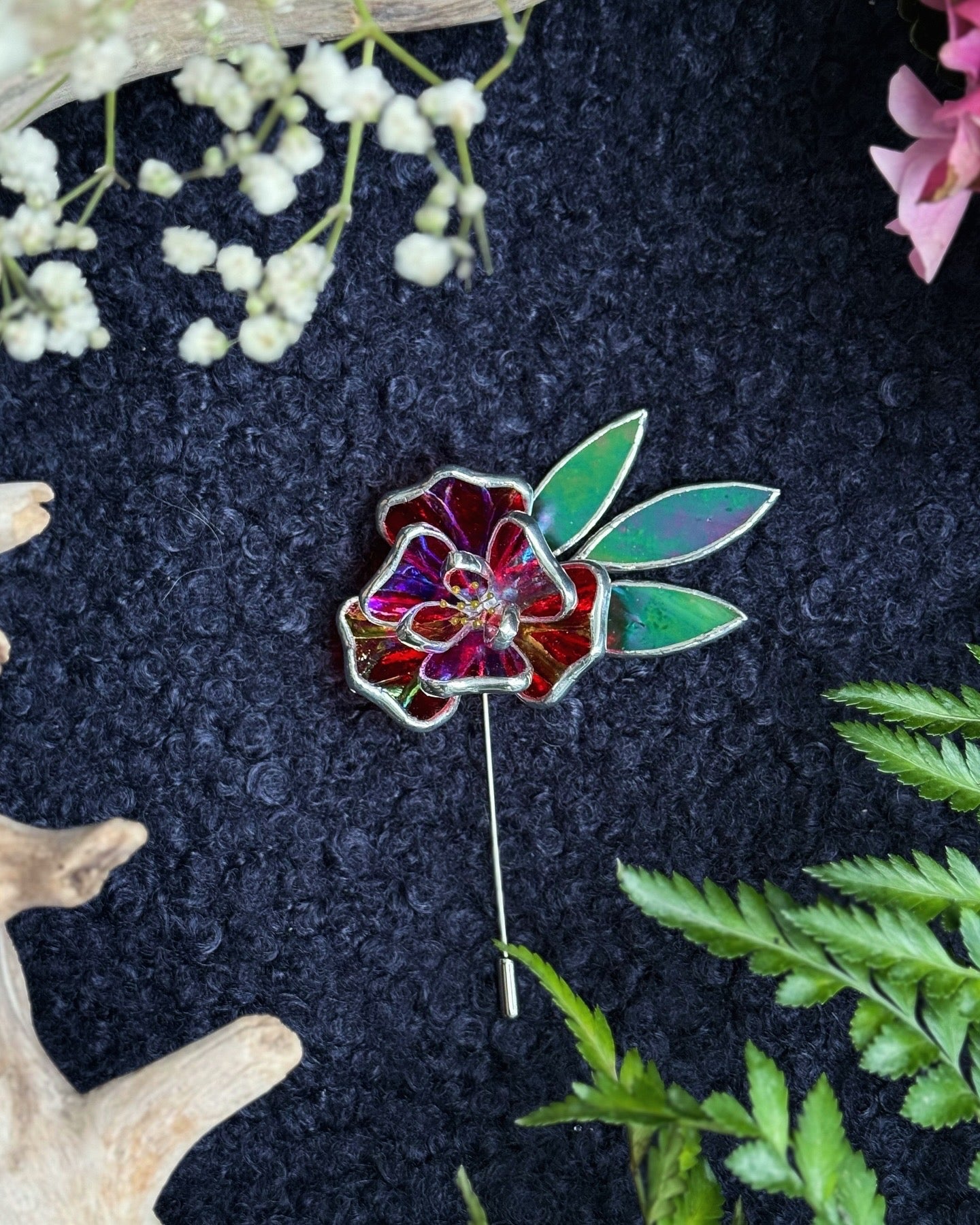 Red Rose Brooch Statement Stained Glass Floral Pin, Modern Art Jewelry