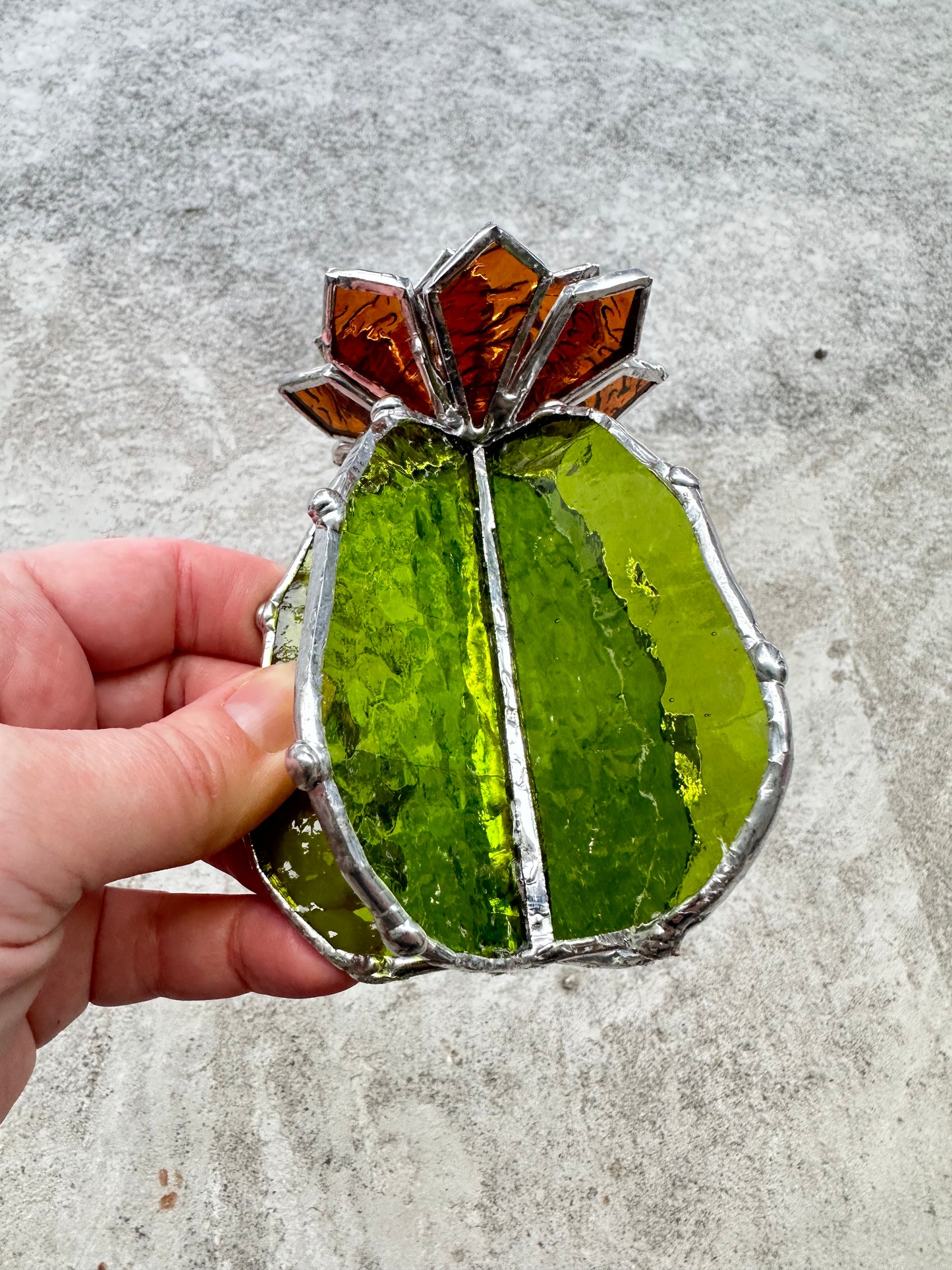 "Cactus XL Amber & Moss Green Stained glass Succulent 3D Cacti house plant for flower pot Sun catcher glass art wedding