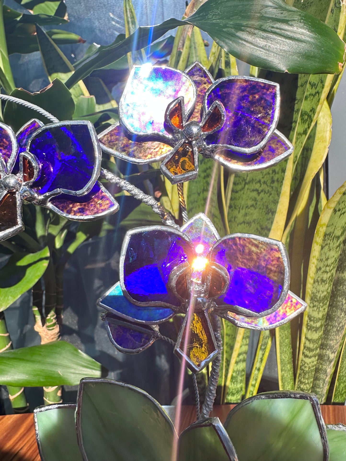 ". Amethyst luminescent Orchid 3 flowers with pot” Stained glass tropical flower 3D, Sun catcher, Table plant, Garden stick, Outdoor and gardening decor