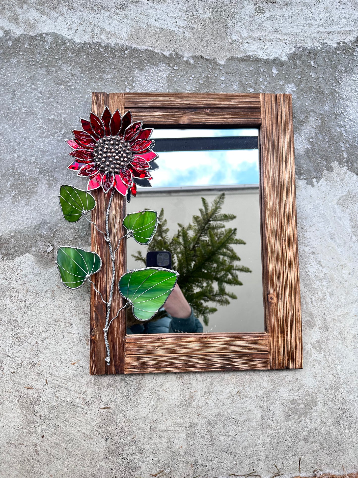 "Red Sunflower" Stained glass flower Mirror, wall decor Art, Wedding, Christmas, gift Decoration Glass flowers Succulents.