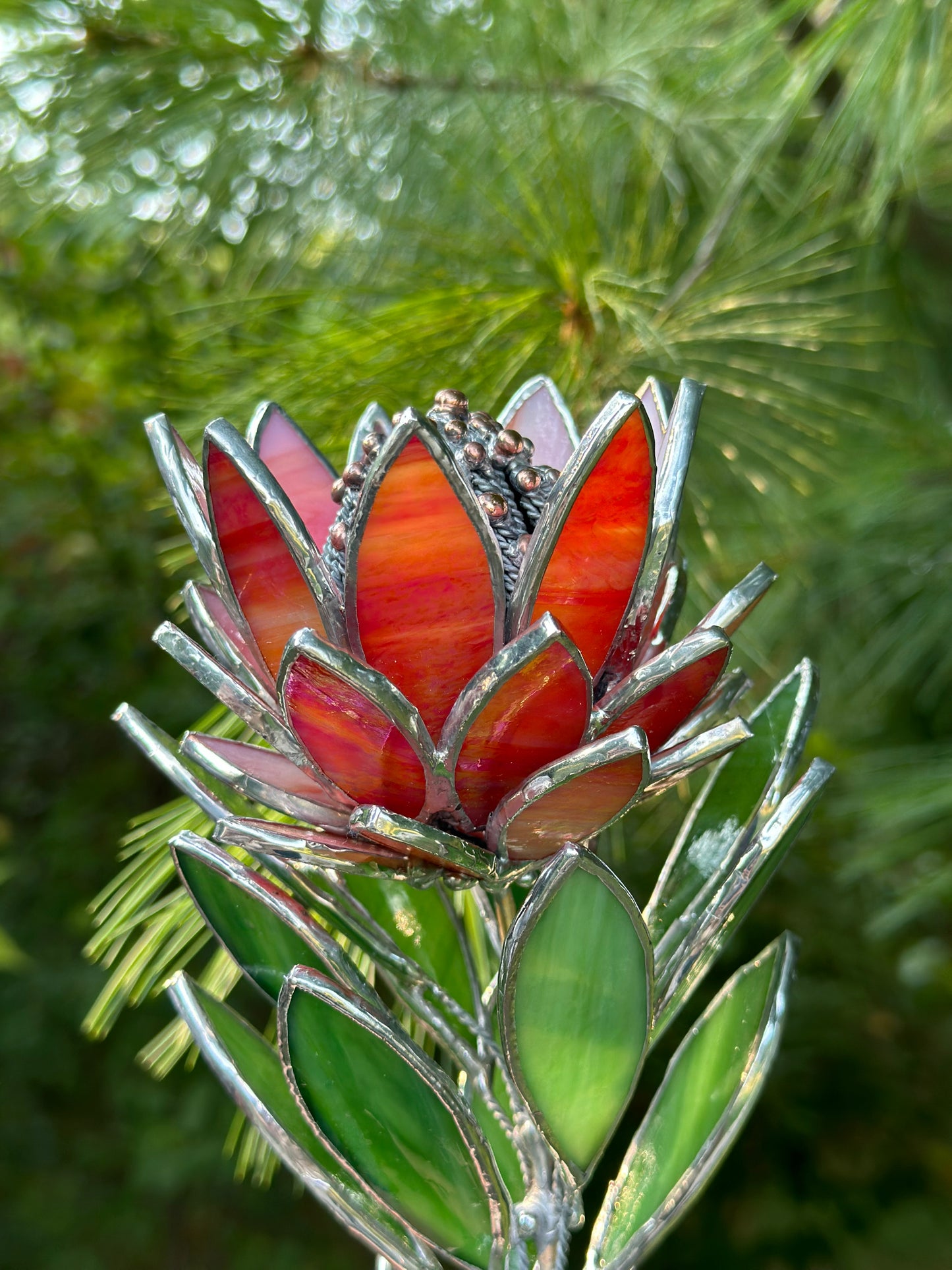 " . Amber&Red irid Protea Stained glass flower in the pot, tropical 3D Sun catcher, Table plant decor, wedding gift, available