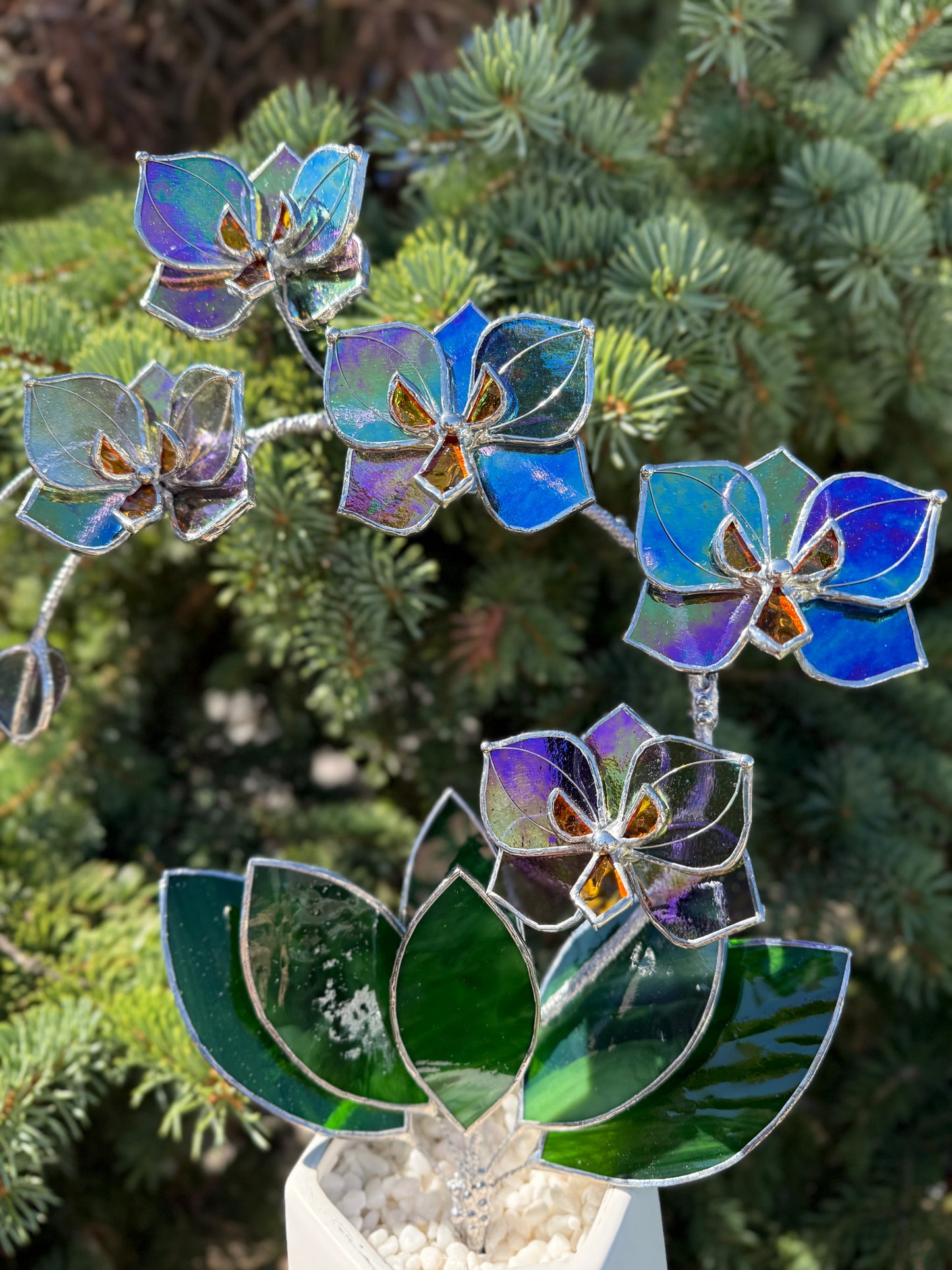 " .  Butterfly Orchid Purple transparent iridescent, 5 flowers with pot”, Stained glass tropical flower 3D, Suncatcher, Table plant