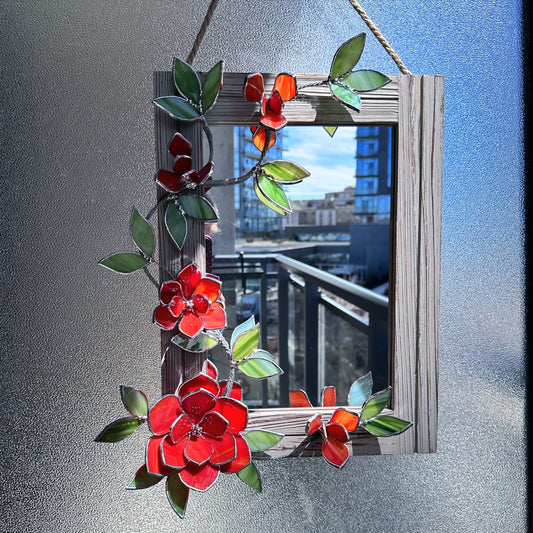 " .Flower Mirror Ruby Red Magnolia, Stained glass Wedding Wall Decor, Christmas gift, Suncatcher