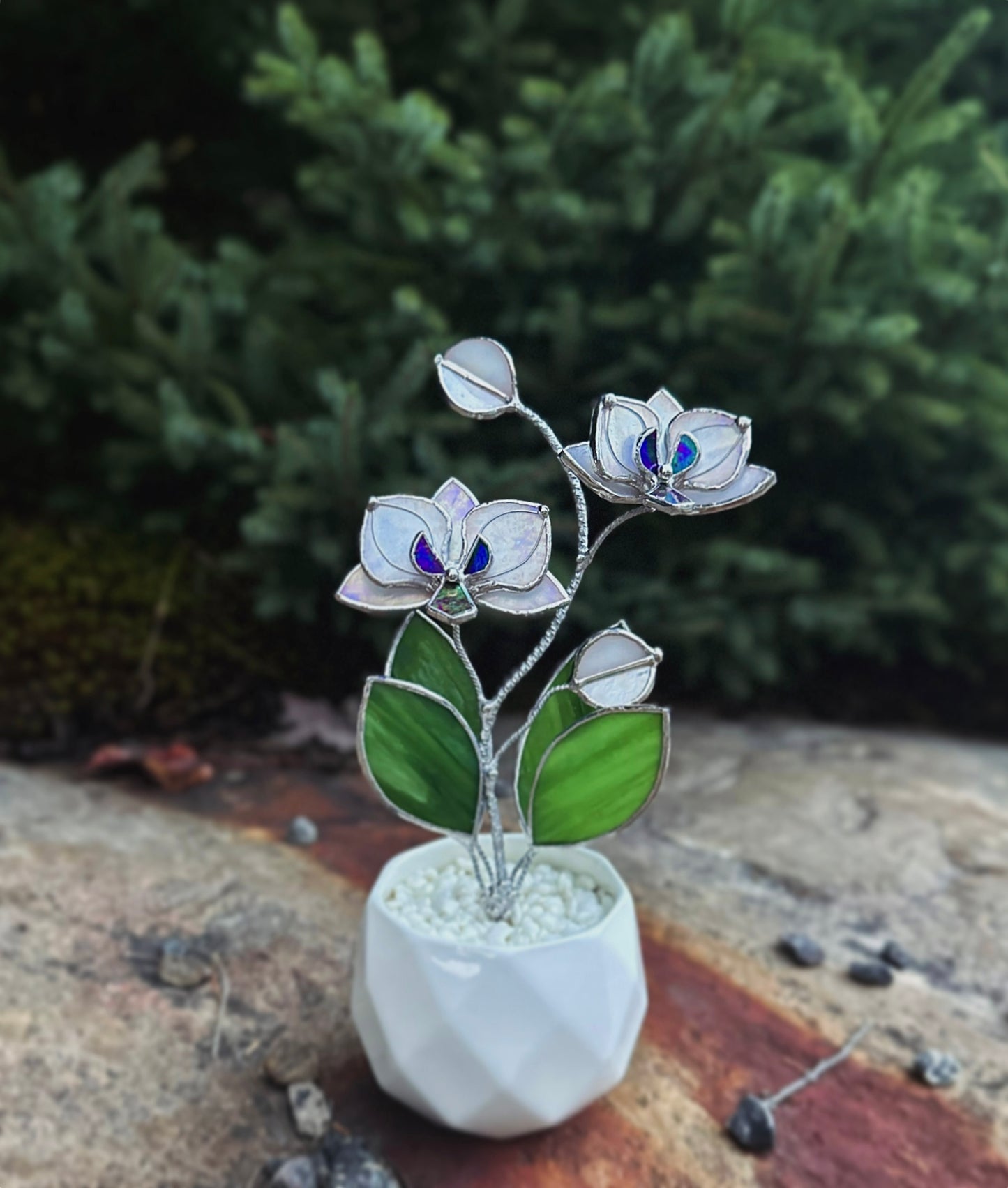 " . Orchid White Pearl iridescent, 2 flowers with pot” Stained glass tropical flower 3D, Sun catcher, Table plant decor, Garden stick, Outdoor and gardening decor