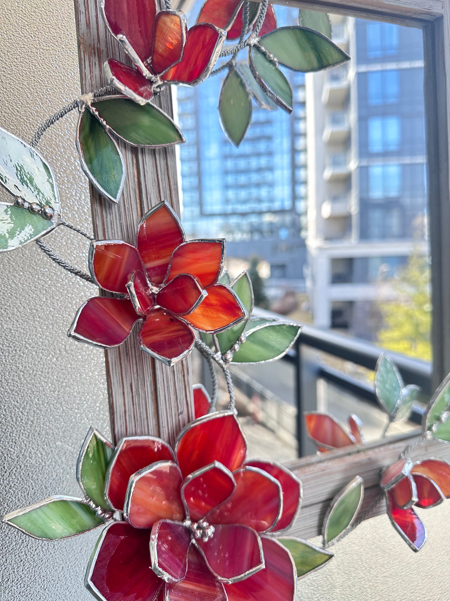 ".Stained glass flower Mirror Magnolia Red & Beige " Wedding Wall Decor, gift Everlasting flower, Suncatcher, Echeveria