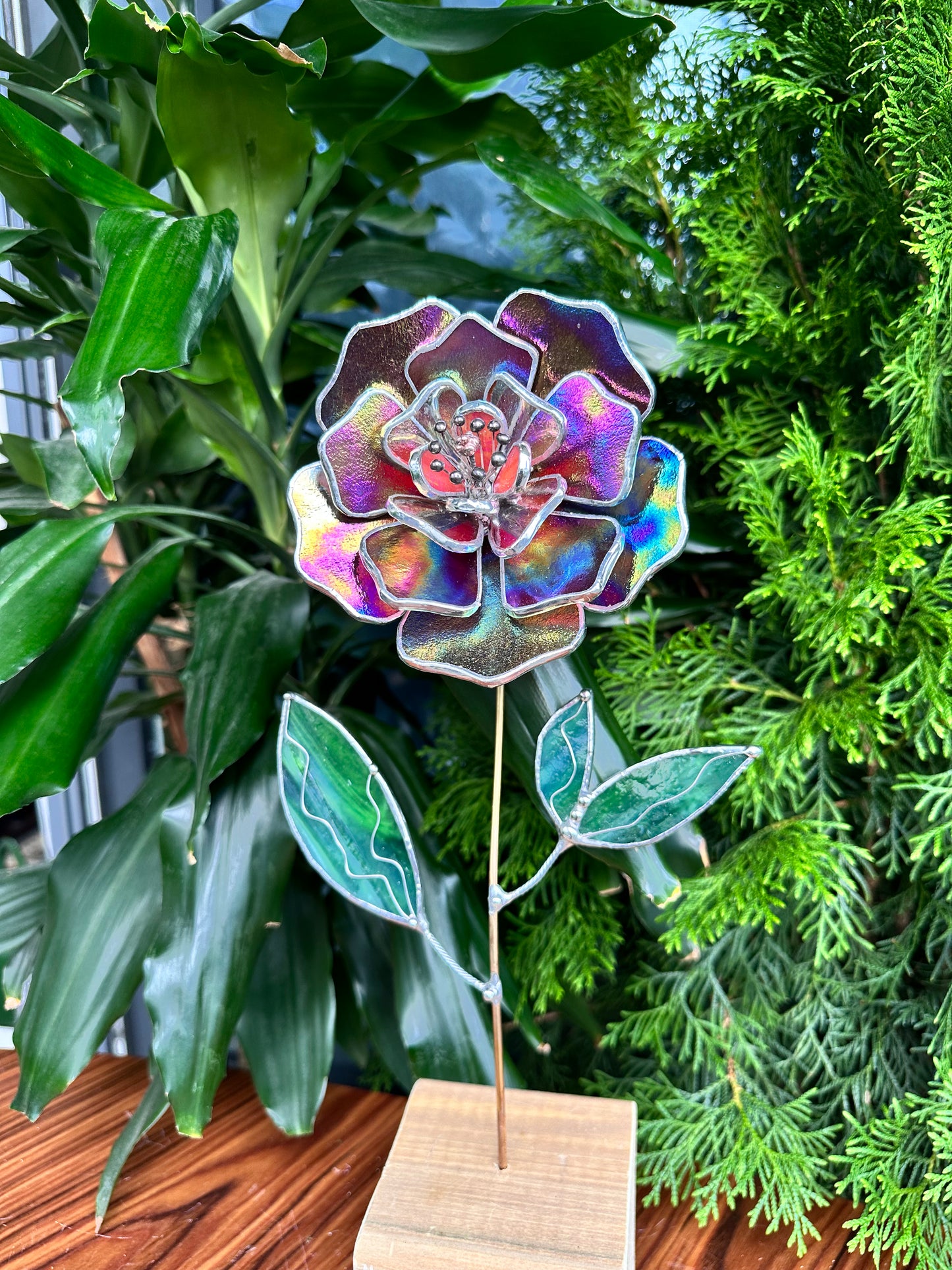 " . Mauve iridescent Peony Stained glass flower, tropical 3D Sun catcher, Table plant decor, wedding gift, available