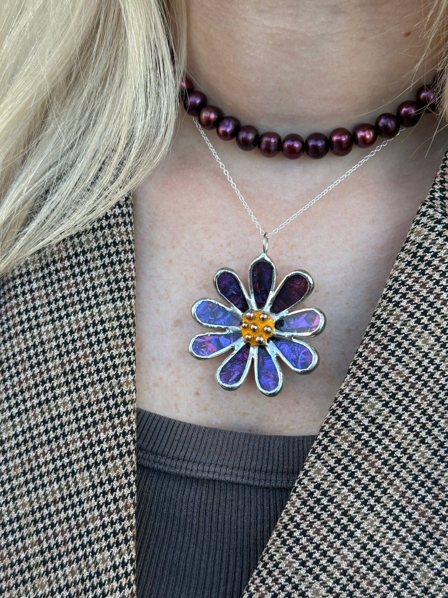 Daisy Purple & Pink, Stained Glass Necklace or Brooch, Handmade Botanical Jewelry