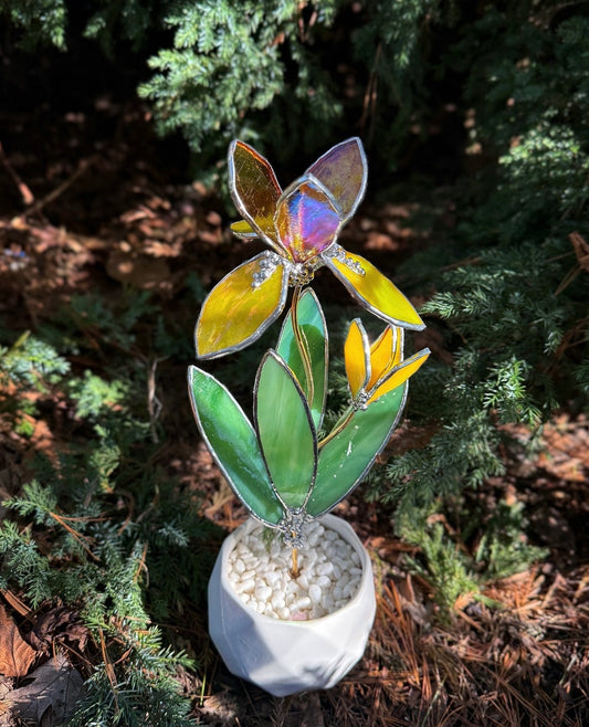 .Iris Yellow lemon Stained Glass Artisan Flower, Botanical Table Decor