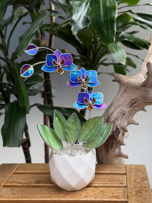 " . CHOOSE COLOR Orchid 3 flowers with pot 2025”, Stained glass tropical flower 3D, Sun catcher, Table plant, Garden stick, Outdoor and gardening decor