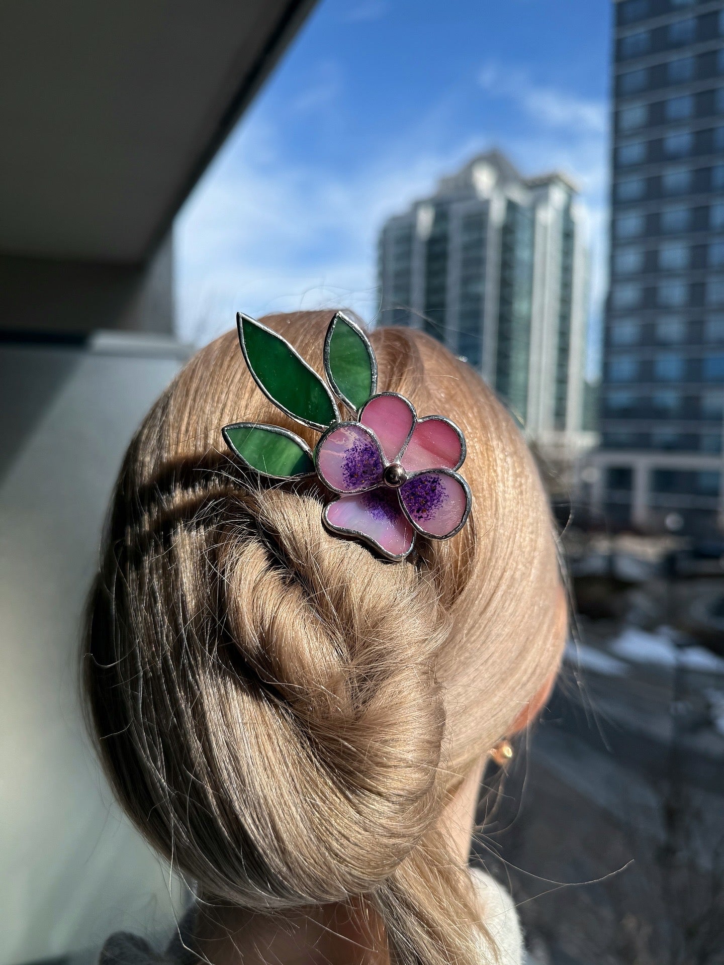 .Hair Pin Stained Glass Pansy Flower CHOOSE COLOR Handmade Floral Accessories