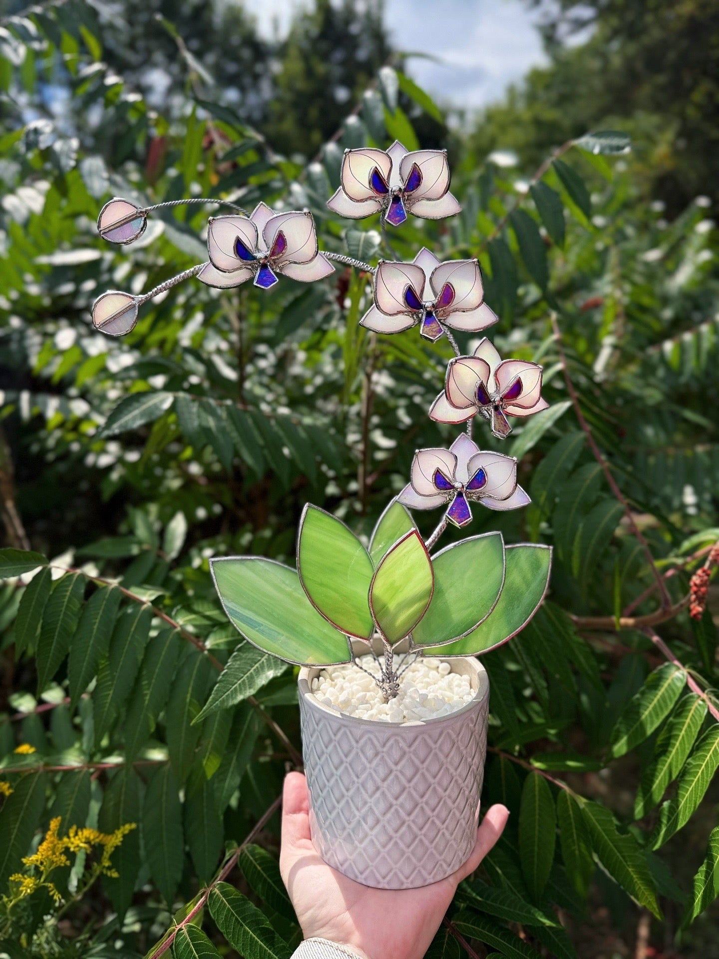 " .  Orchid White Pearl iridescent 5 flowers with pot” Stained glass tropical flower 3D, Sun catcher, Table plant decor, Garden stick, Outdoor and gardening decor