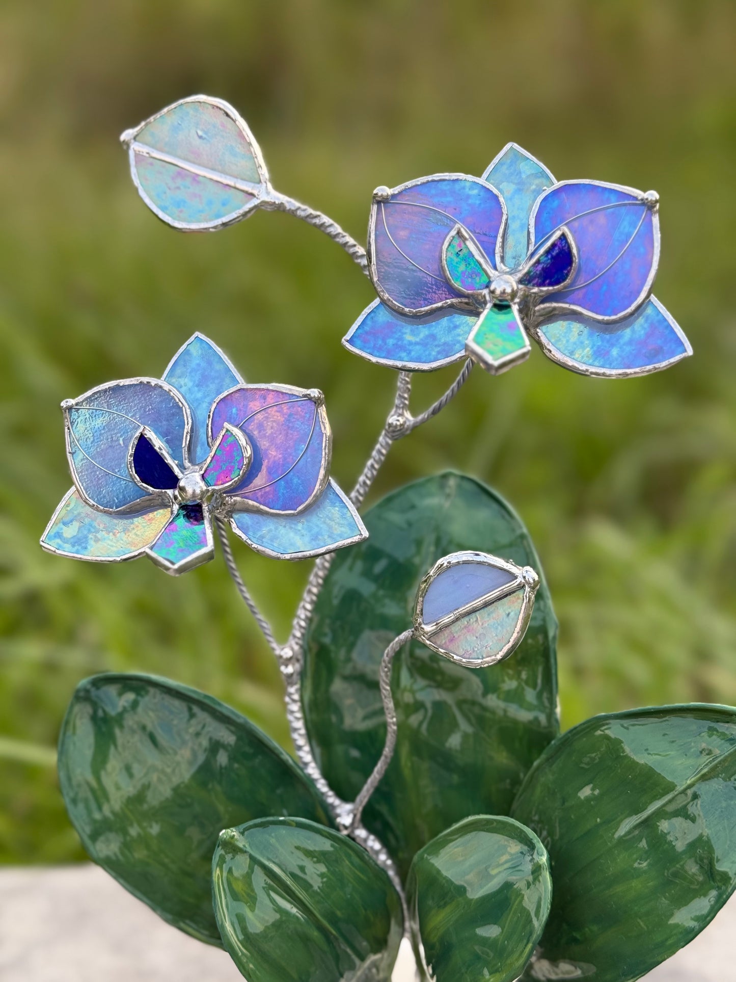 Orchid Blue lavender WITH RESIN Hand painted LEAVES Stained Glass 2 flowers in a Pot, Botanical Art Sculpture