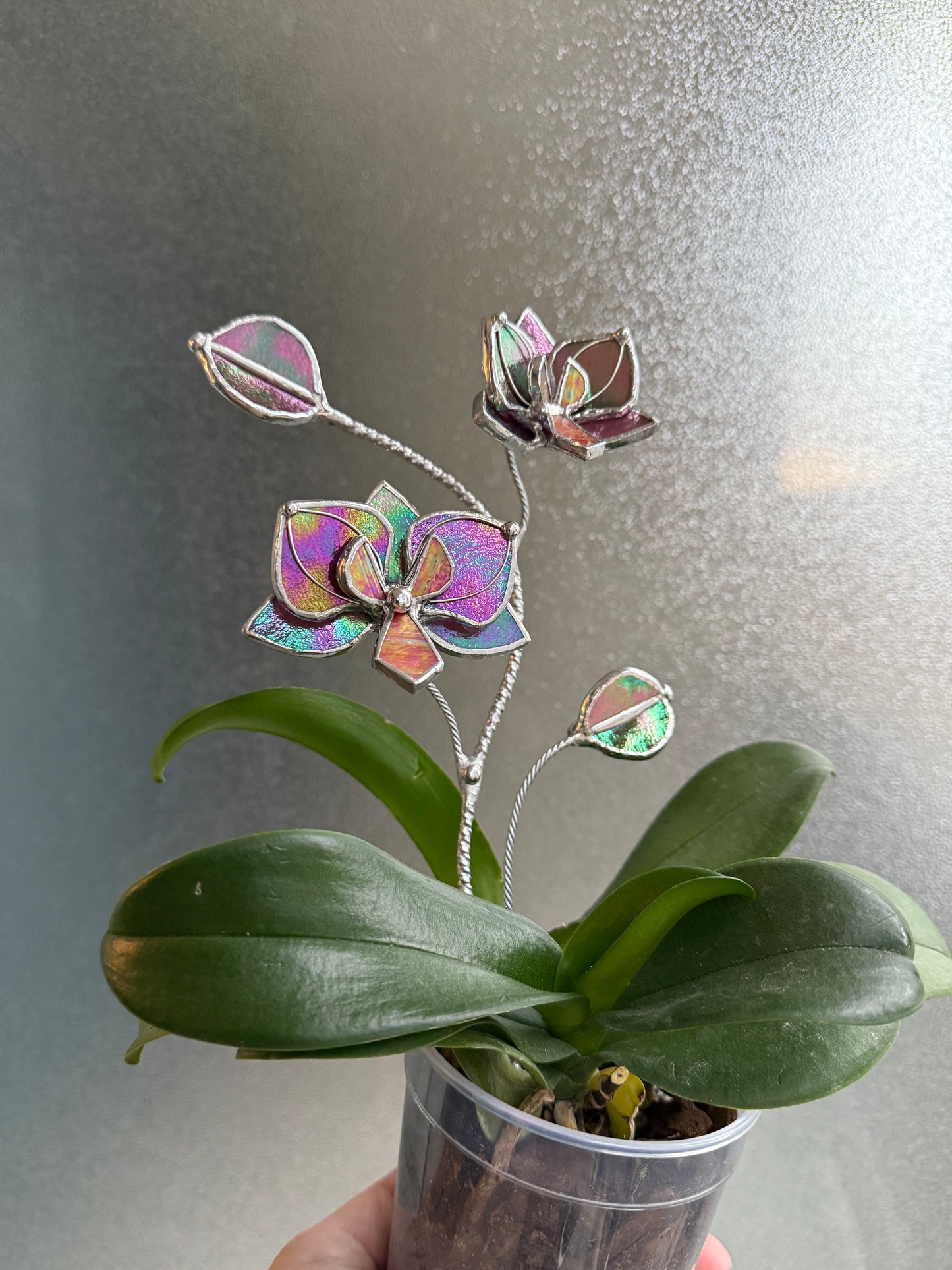 " . Mauve irid Orchid flower stick, Plant stake 2 flowers no pot” Stained glass tropical flower 3D, Sun catcher, Table plant, Garden stick, Outdoor and gardening decor (Copy)