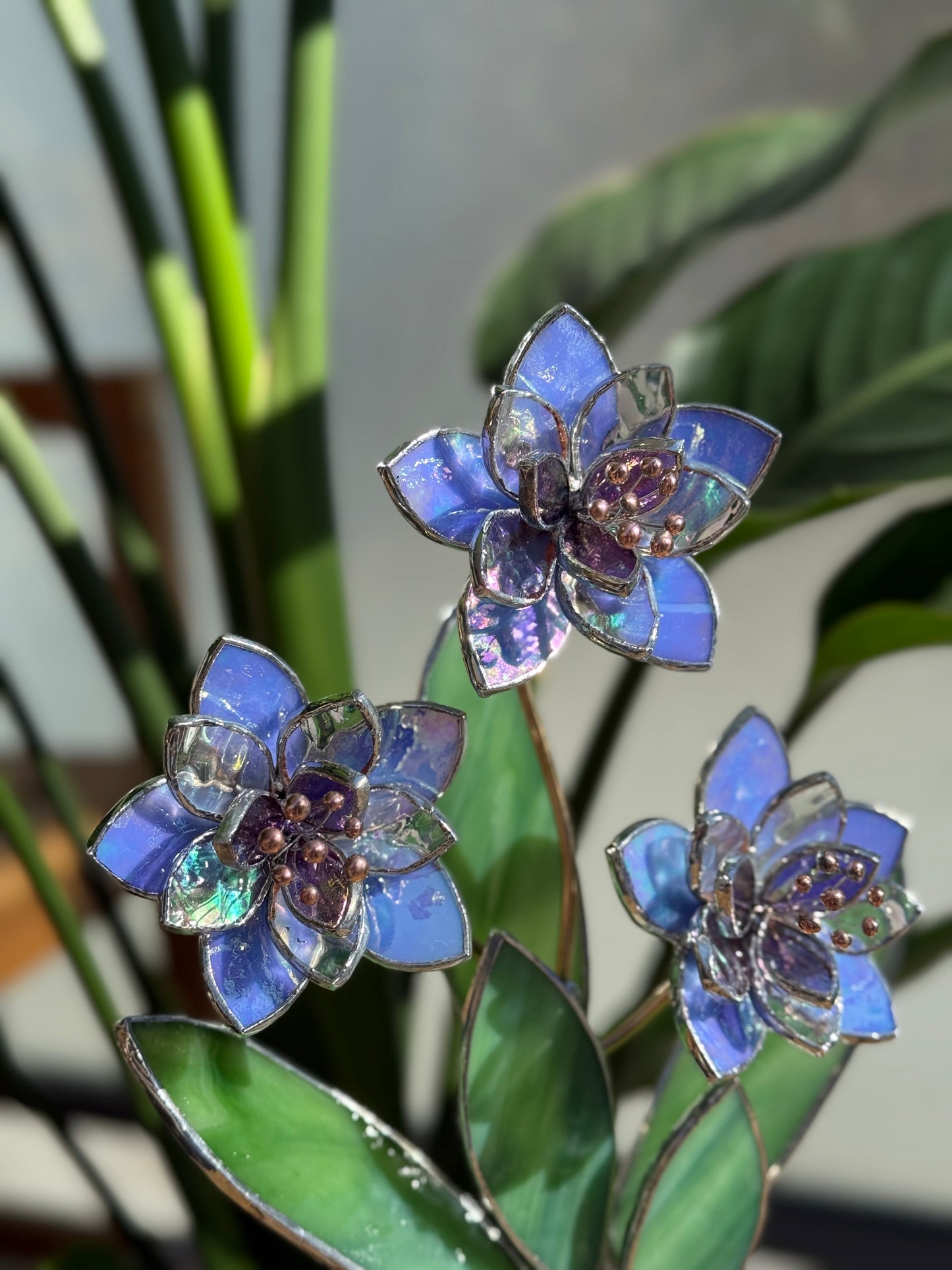 .Blue Iridescent Wildflower Stained glass Handcrafted Floral Home Decor new