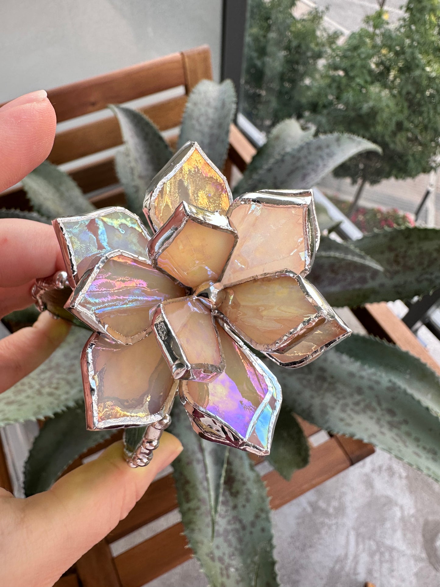 "Cactus XL Beige Green Iridescent Luminescent" Stained glass Succulent 3D Cacti house plant  Sun catcher glass art wedding