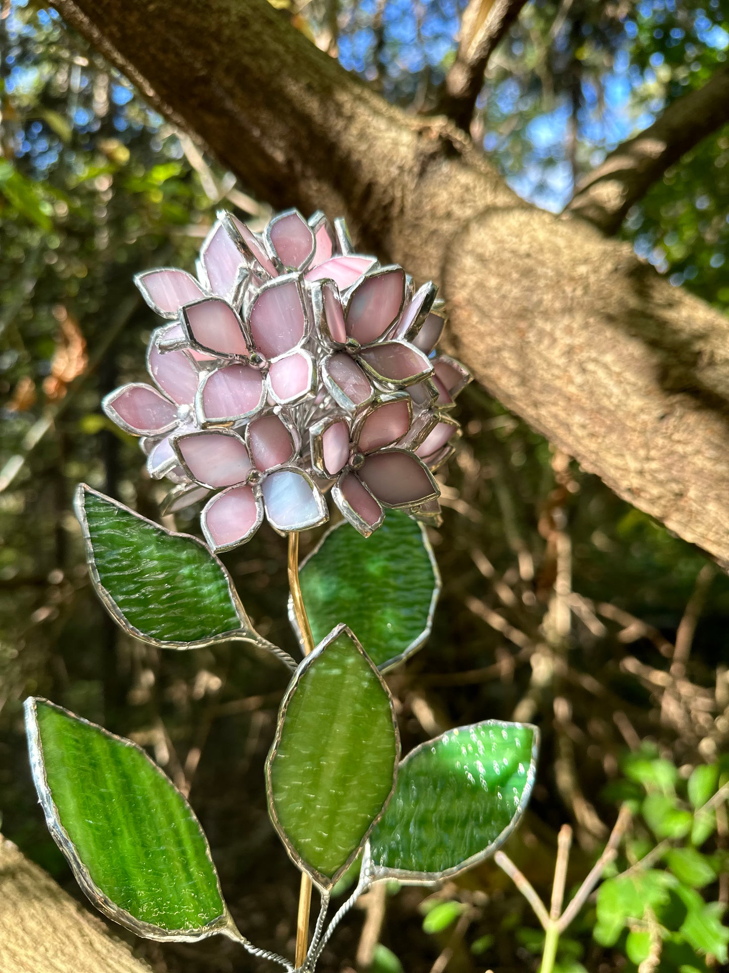 " . Dusty Pink Hydrangea bunch translucent in the sun in flower pot”, Stained glass tropical flower 3D, Sun catcher, Table plant, Garden stick, Outdoor and gardening decor