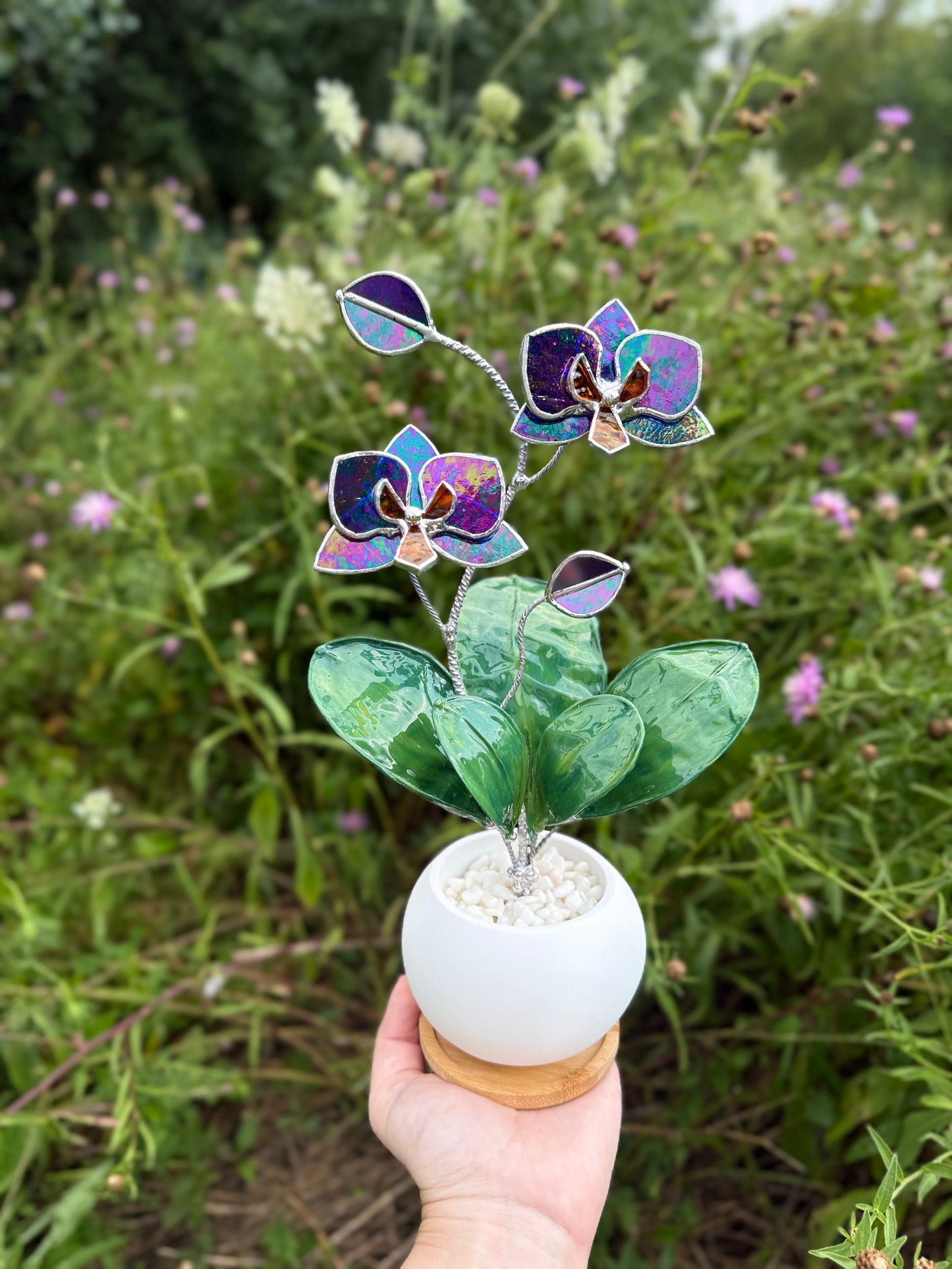 Orchid Indigo iridescent WITH RESIN Hand painted LEAVES Stained Glass 2 flowers in a Pot, Botanical Art Sculpture