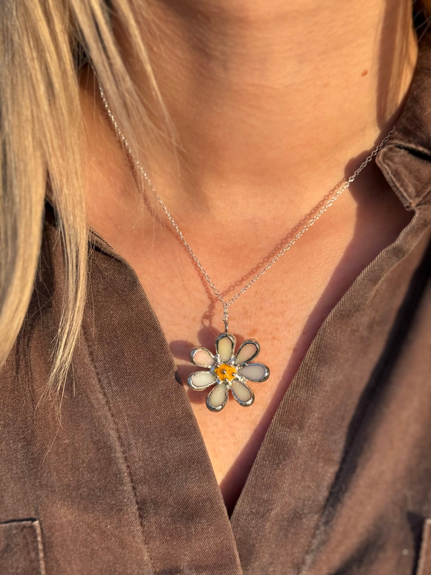 Daisy White Pearl Iridescent L S sizes, Stained Glass Necklace or Brooch, Handmade Botanical Jewelry