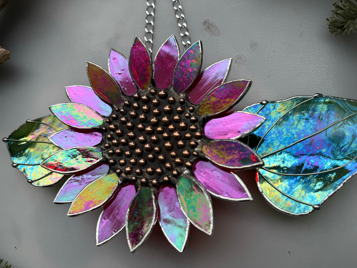 Sunflower Ruby Red, Stained Glass Suncatcher, Wall Art Decor ready