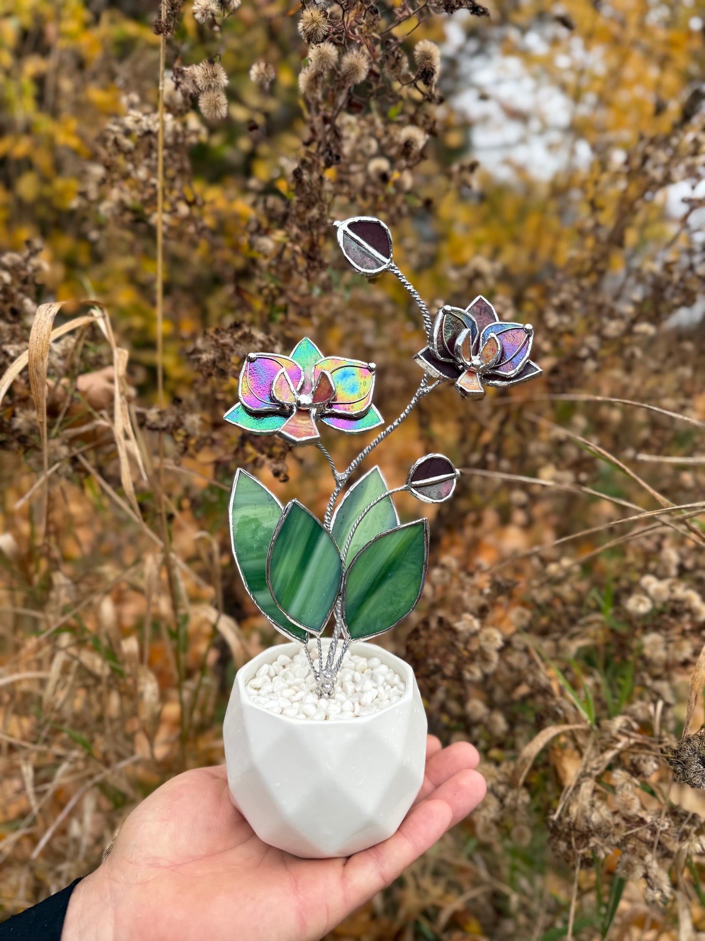 " . Mauve iridescent Orchid 2 flowers with pot” Stained glass tropical flower 3D, Sun catcher, Table plant decor, Garden stick, Outdoor and gardening decor