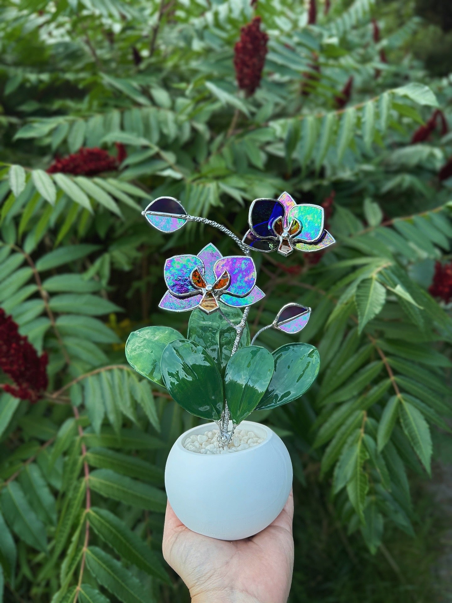 Indigo iridescent Artificial Orchid WITH RESIN Hand painted LEAVES 2 flowers with bud in a Pot, Botanical Art Sculpture
