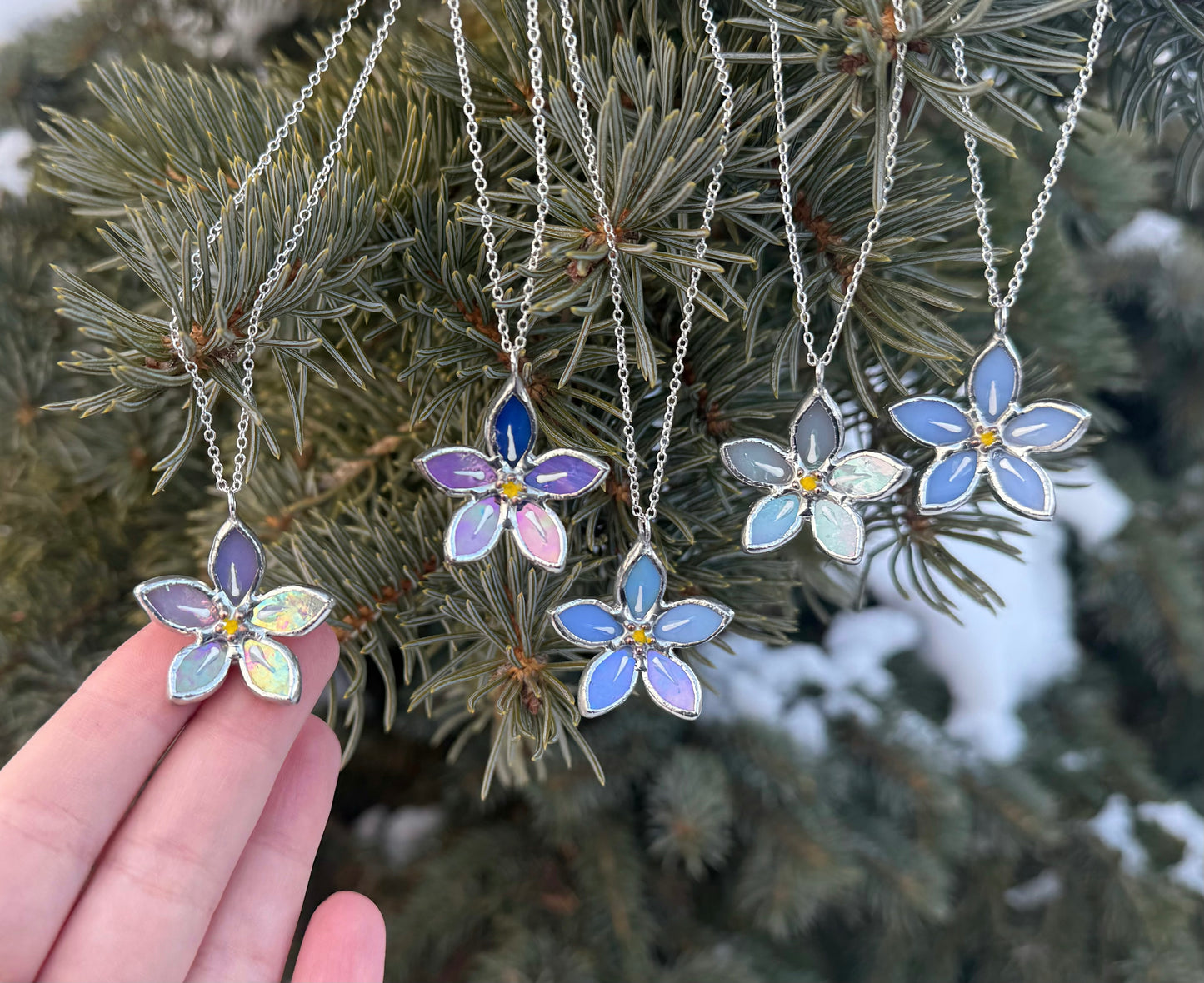 " .  CHOOSE COLOR Necklace Stained glass Forget Me Not flower, Modern art, jewelry