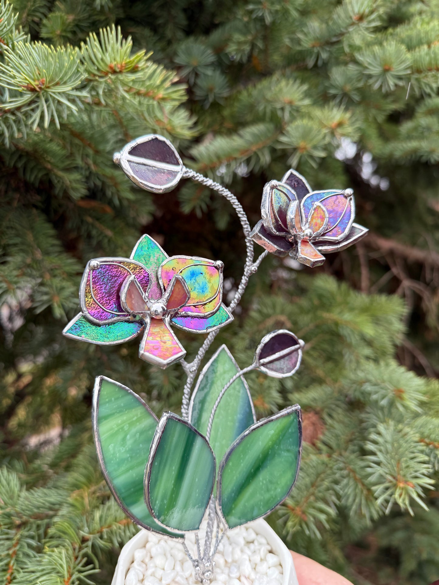 " . Mauve iridescent Orchid 2 flowers with pot” Stained glass tropical flower 3D, Sun catcher, Table plant decor, Garden stick, Outdoor and gardening decor