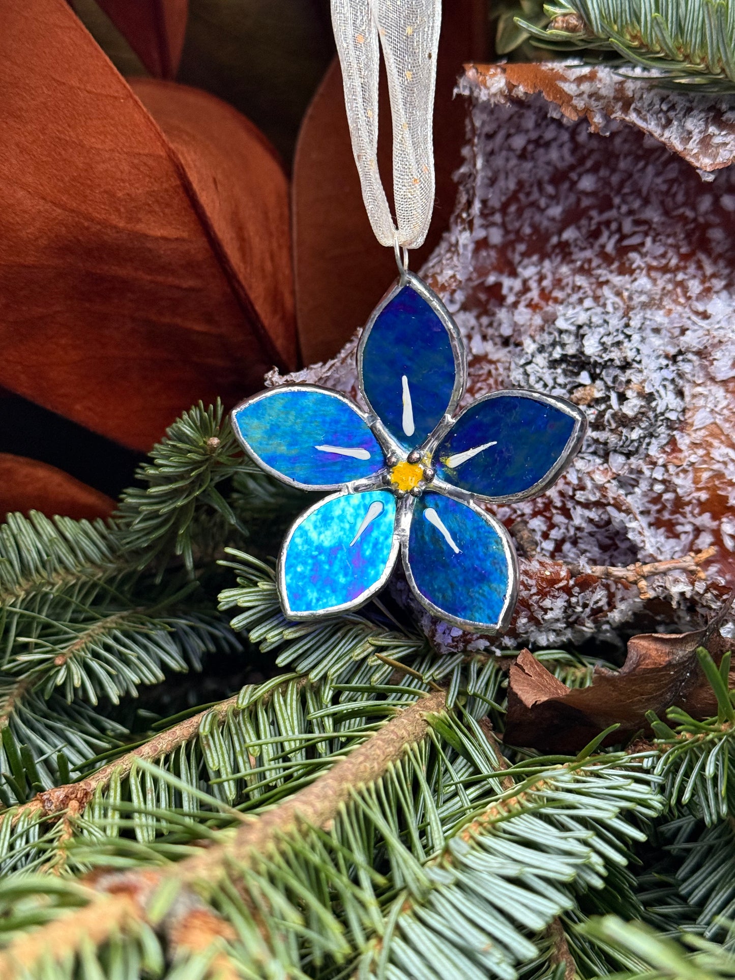 Forget Me Not Stained Glass Ornament Indigo Handmade Floral Suncatcher