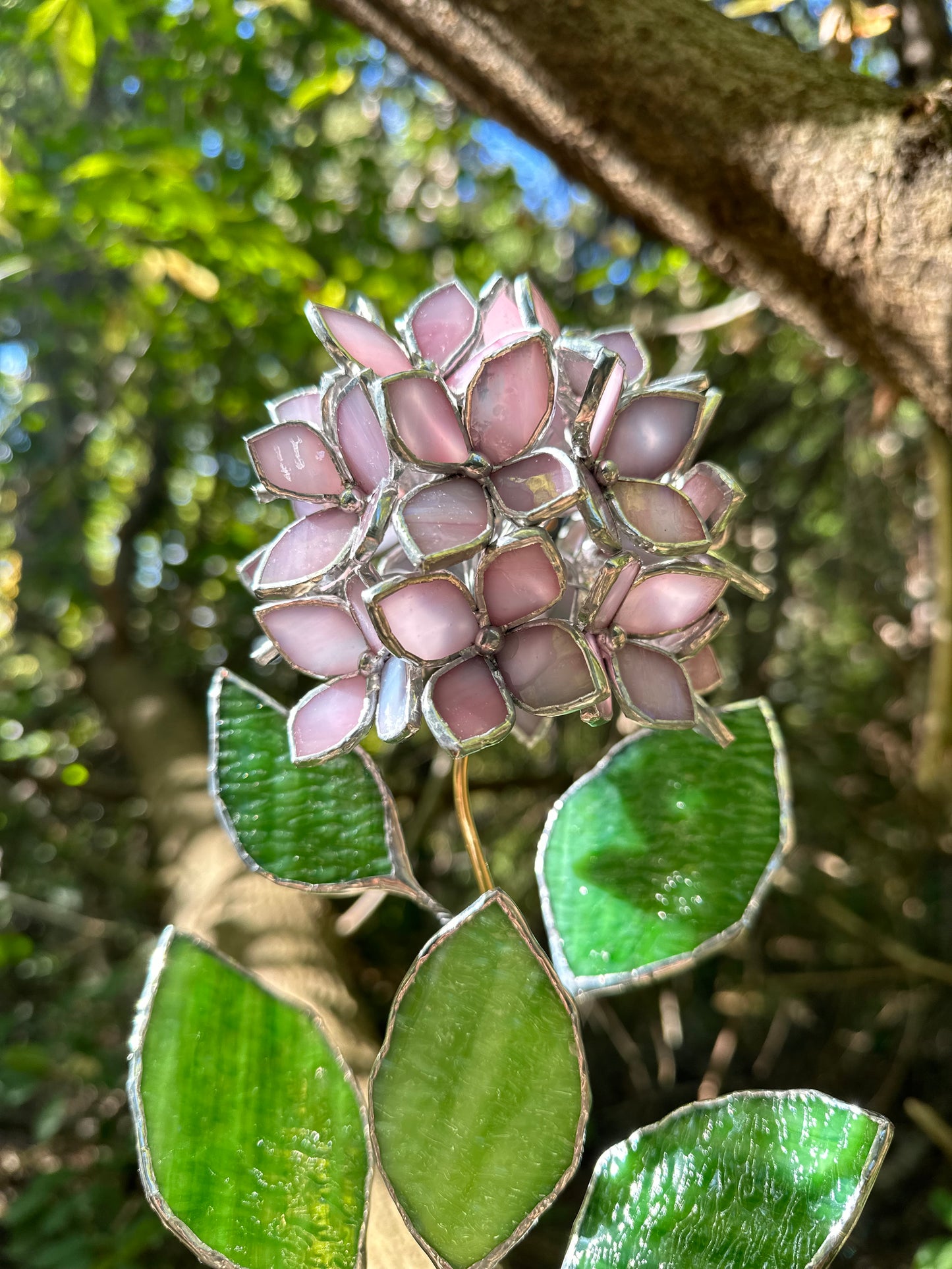 " . Dusty Pink Hydrangea bunch translucent in the sun in flower pot”, Stained glass tropical flower 3D, Sun catcher, Table plant, Garden stick, Outdoor and gardening decor