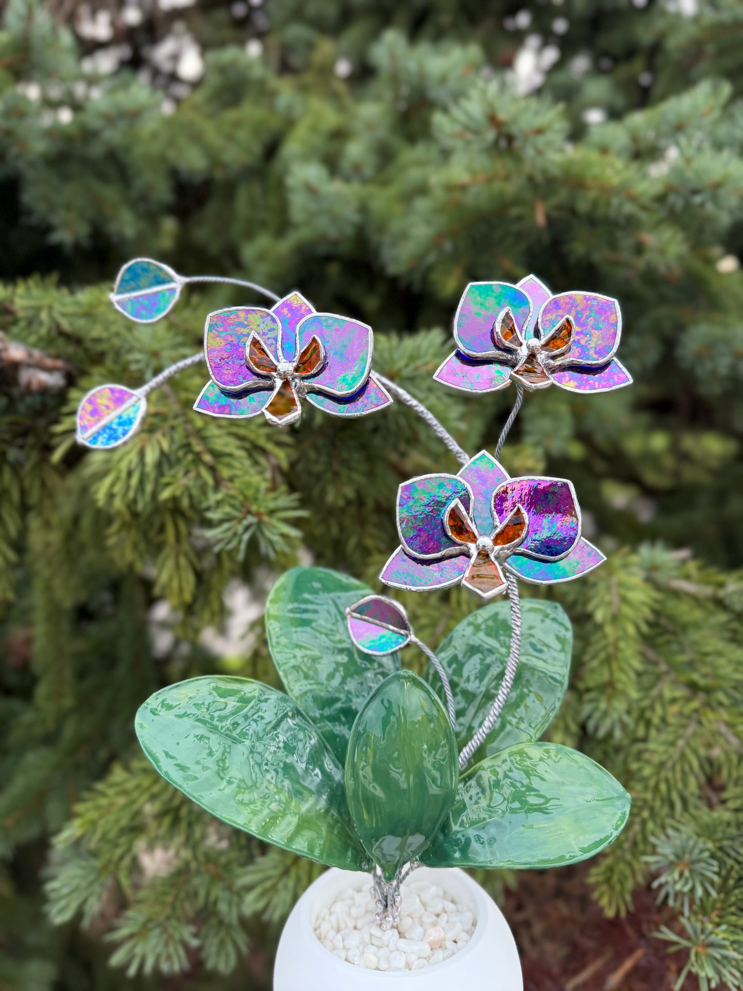 Orchid Indigo Iridescent Stained Glass WITH Hand Painted RESIN LEAVES, 3 Flowers, Botanical Table Decor