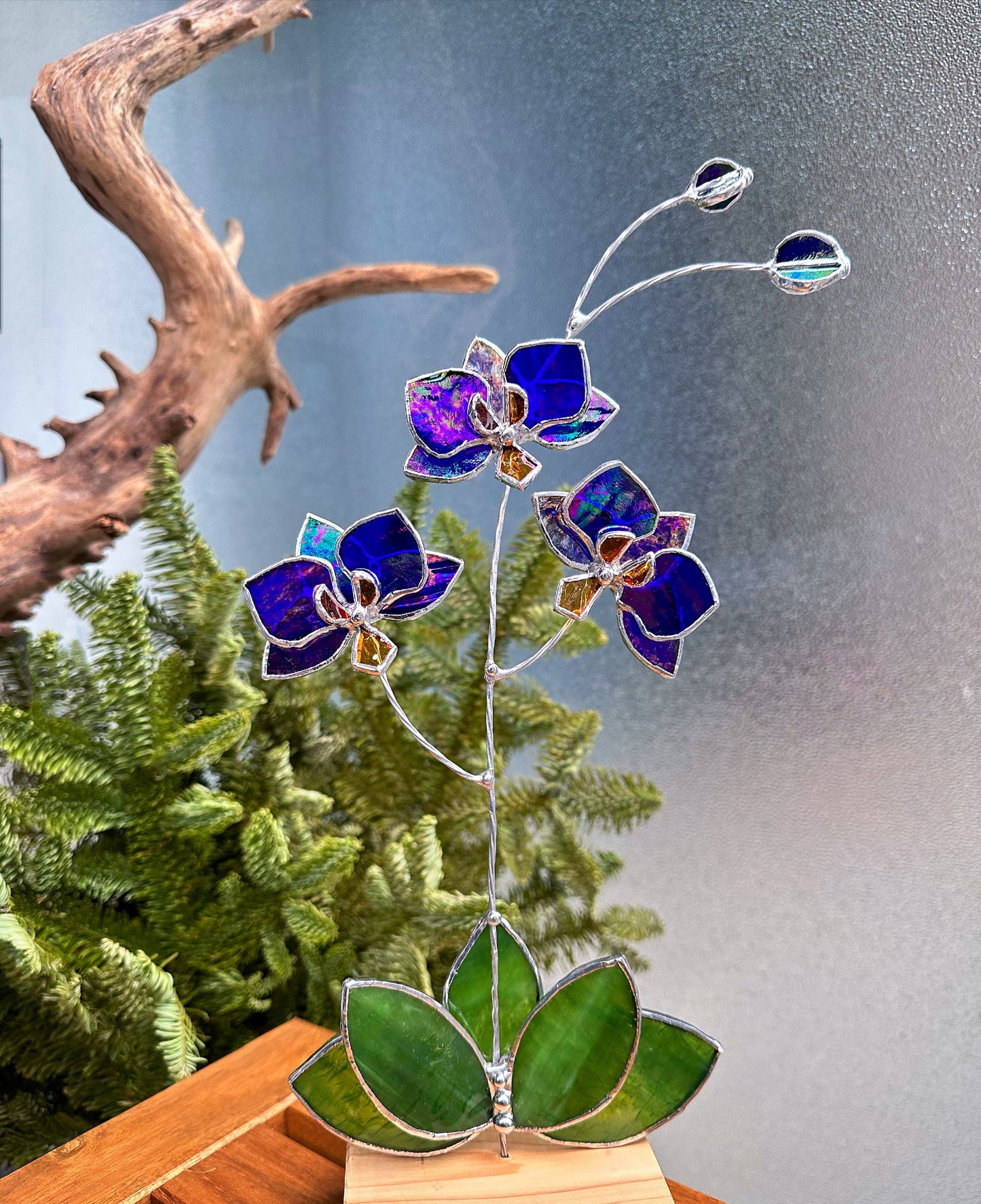 ".Orchid flower “Indigo iridescent", Stained glass Suncatcher flower 3D, plant, Wedding Christmas Gift , Outdoor decor