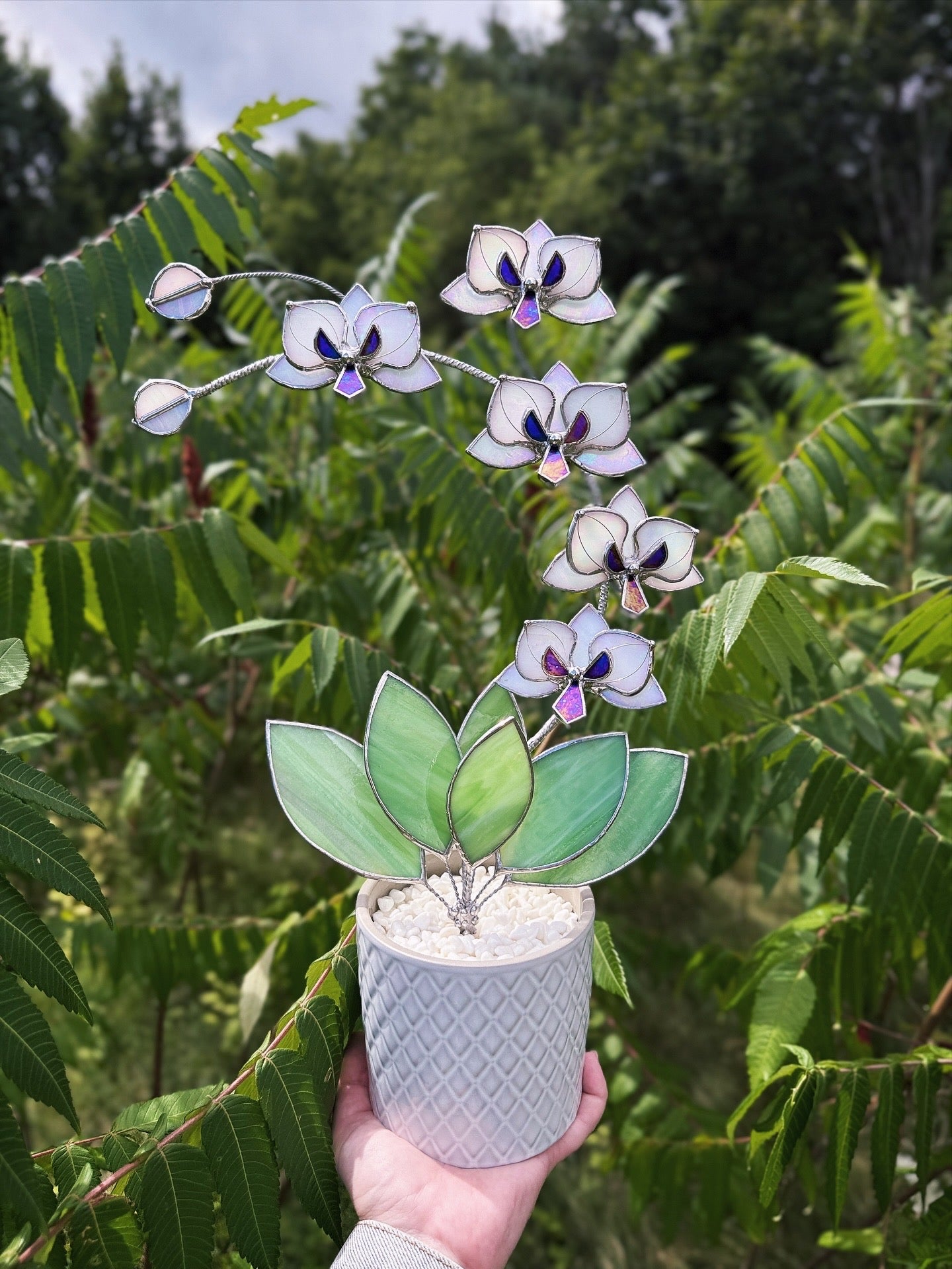 " .  Orchid White Pearl iridescent 5 flowers with pot” Stained glass tropical flower 3D, Sun catcher, Table plant decor, Garden stick, Outdoor and gardening decor