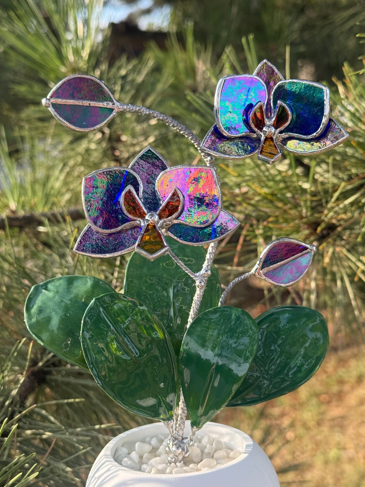 Indigo iridescent Artificial Orchid WITH RESIN Hand painted LEAVES 2 flowers with bud in a Pot, Botanical Art Sculpture