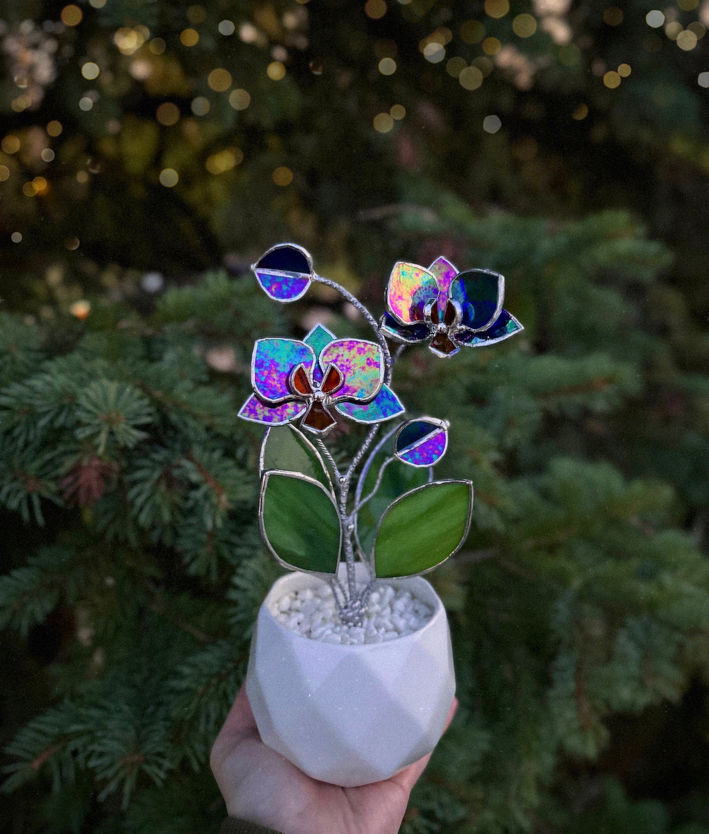 CHOOSE COLOR Orchid Stained Glass 2 Flowers Botanical Table Decor