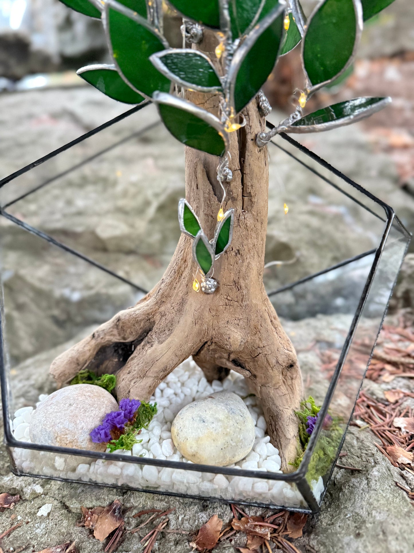 "  . Geometric glass terrarium with bonsai with glass leaves and lights”, Table decor, Christmas gift
