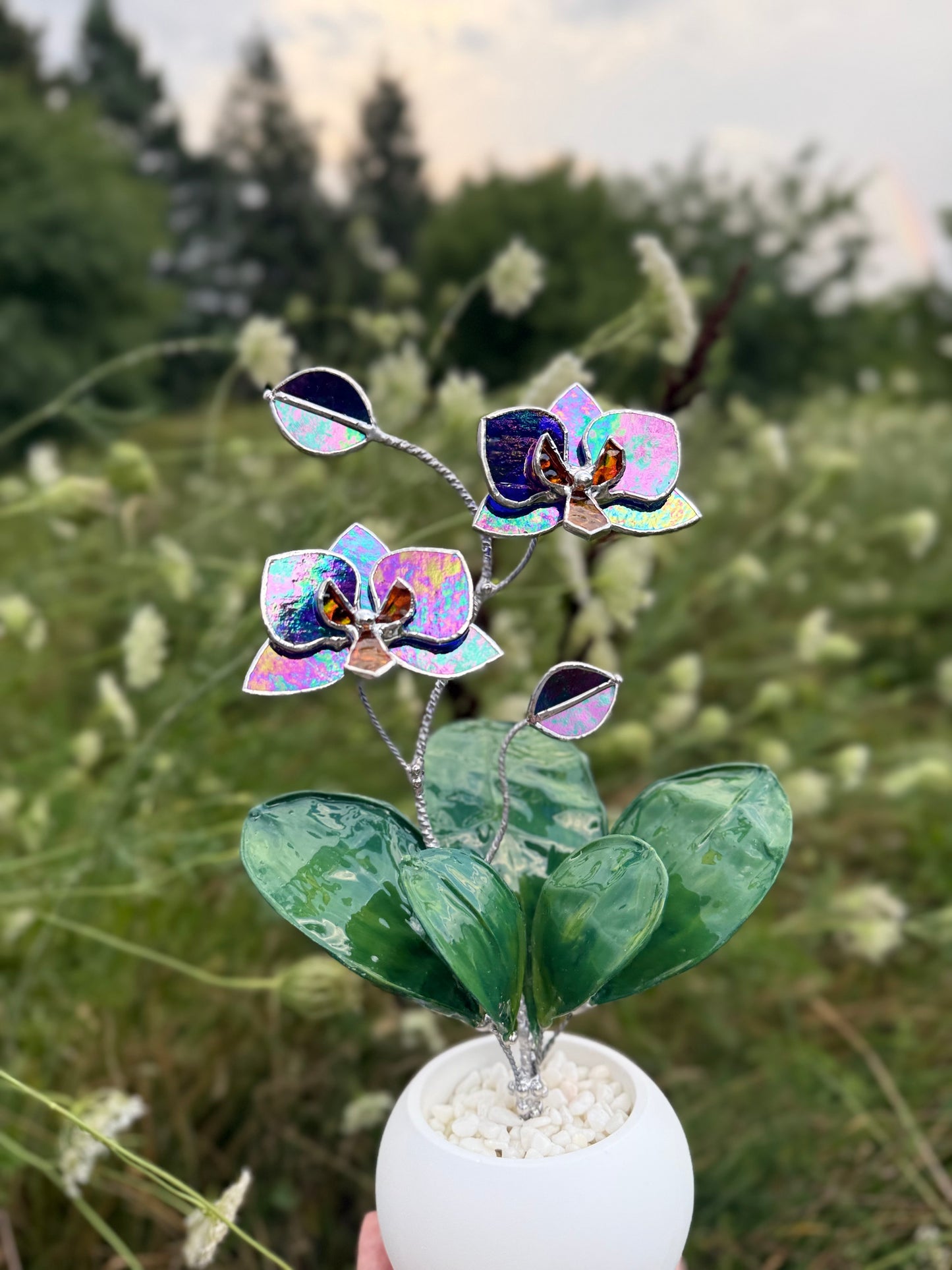 Orchid Indigo iridescent WITH RESIN Hand painted LEAVES Stained Glass 2 flowers in a Pot, Botanical Art Sculpture