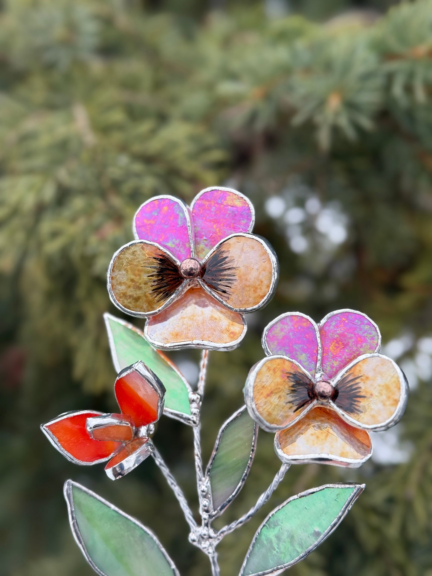 Pansy Flower Red & Orange, Stained Glass Botanical Art, Modern Decor ready