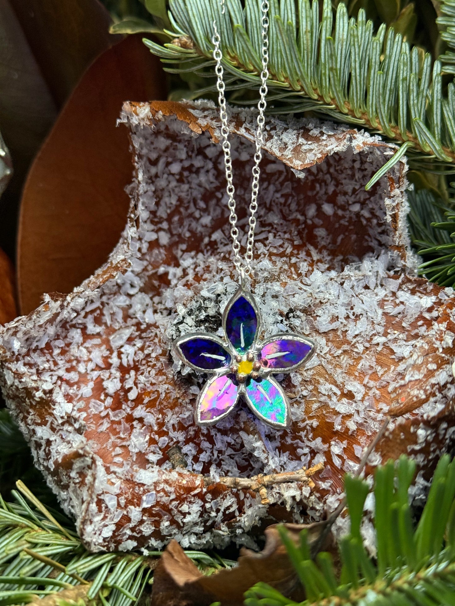 Forget Me Not Necklace Stained Glass Necklace Indigo, Botanical Jewelry