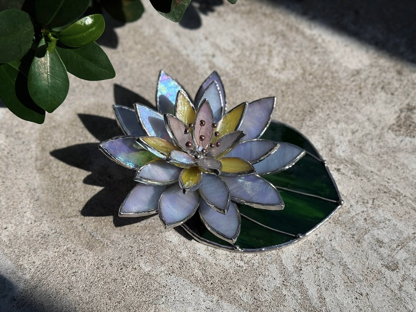 " .  Lavender iridescent Water Lily with leaf" Stained glass table decor, suncatcher, succulents