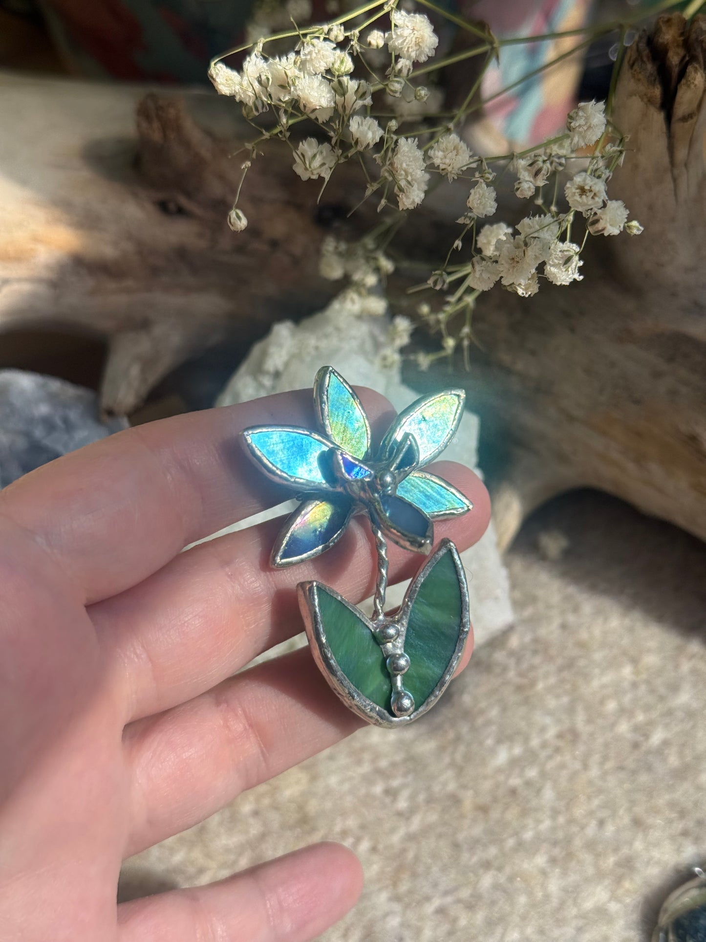Orchid Blue lumi Brooch Stained Glass Floral Pin, Modern Art Jewelry statement ready new