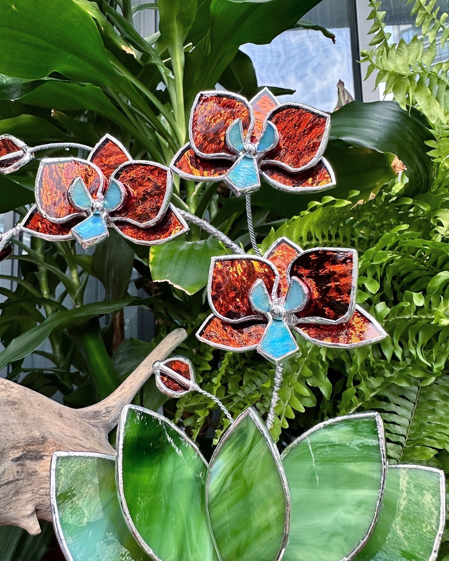 ". Golden Orchid 3 flowers with pot” Stained glass tropical flower 3D, Sun catcher, Table plant, Garden stick, Outdoor and gardening decor,