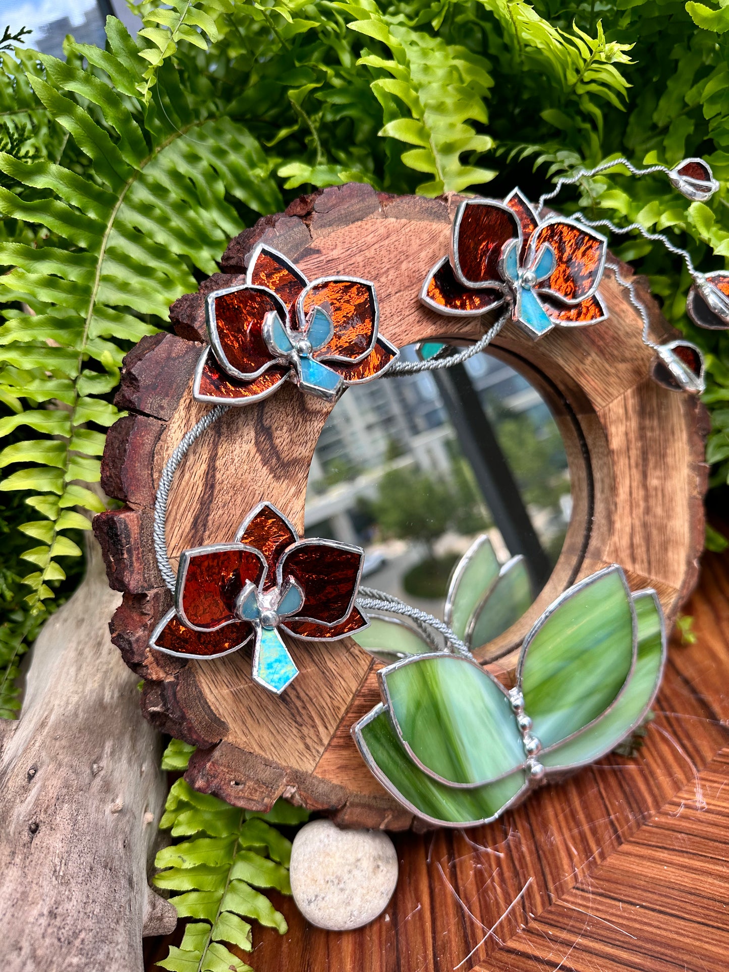 ". Amber Silvercoat Orchid Mirror" Stained glass flower Wall decor.  Sun catcher Wooden frame Home wedding Decor Art. Christmas gift