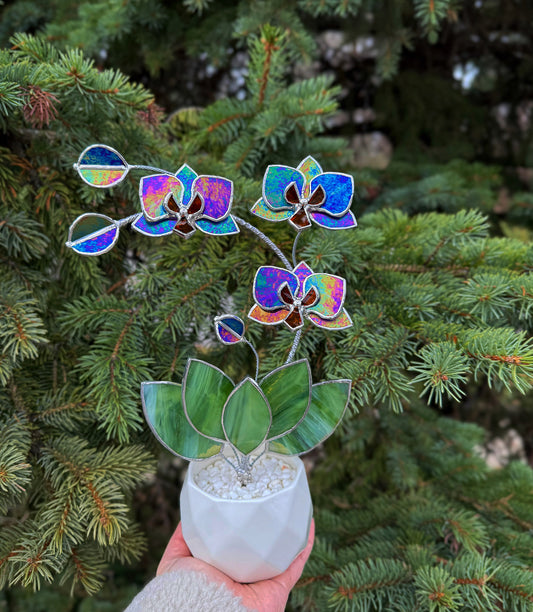 " . Indigo iridescent Orchid 3 flowers with pot” Stained glass tropical flower 3D, Sun catcher, Table plant, Garden stick, Outdoor and gardening decor