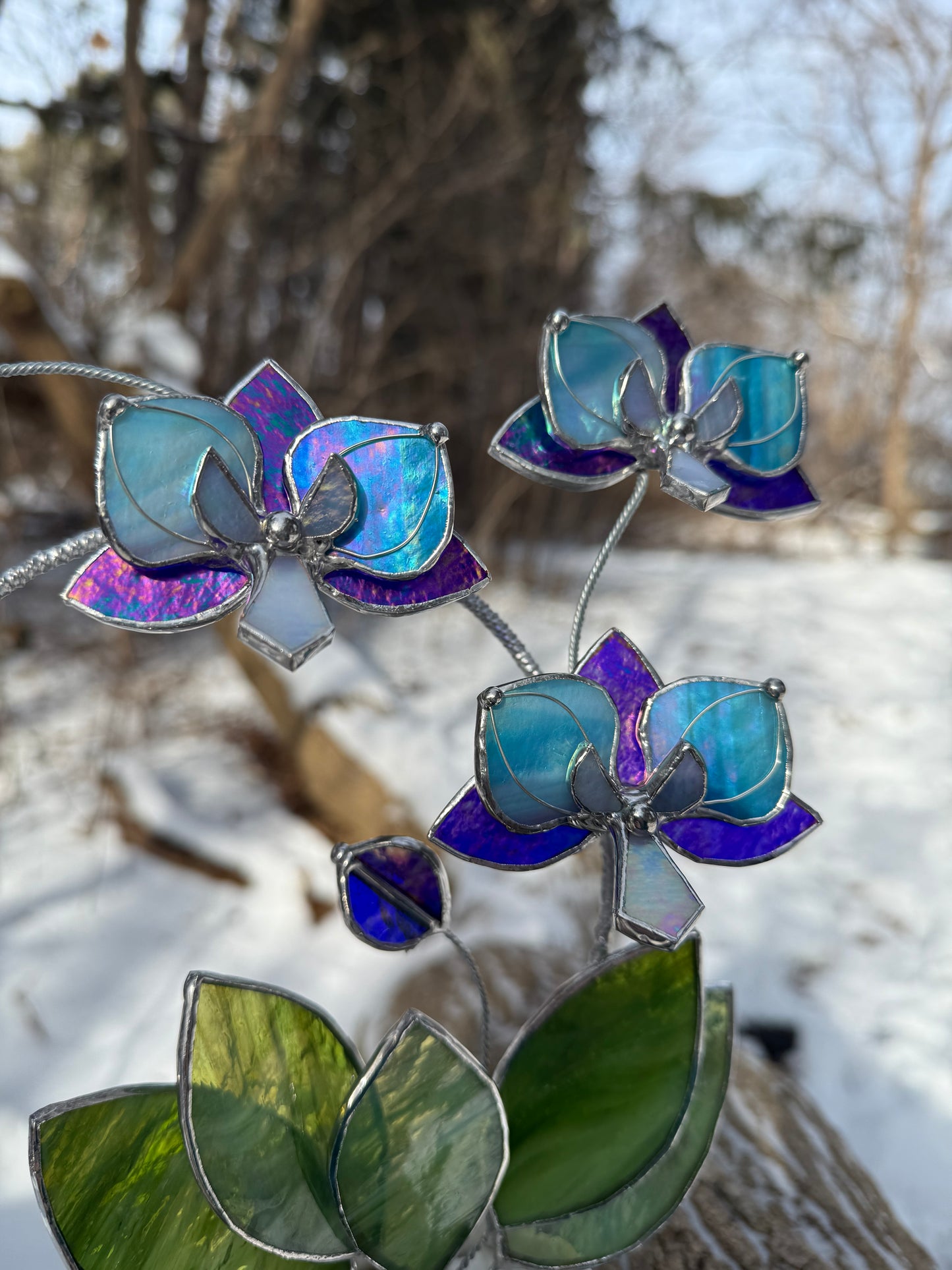 " . Amethyst iridescent and Blue iridescent Orchid 3 flowers with pot” Stained glass tropical flower 3D, Sun catcher, Table plant, Garden stick, Outdoor and gardening decor