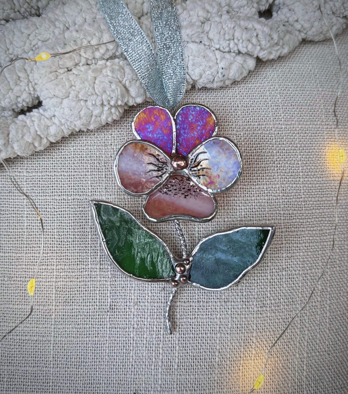 " . Pansy flower with leaves Berry red &  peach irid , Stained glass Decorative ORNAMENT, Christmas decoration, Suncatcher