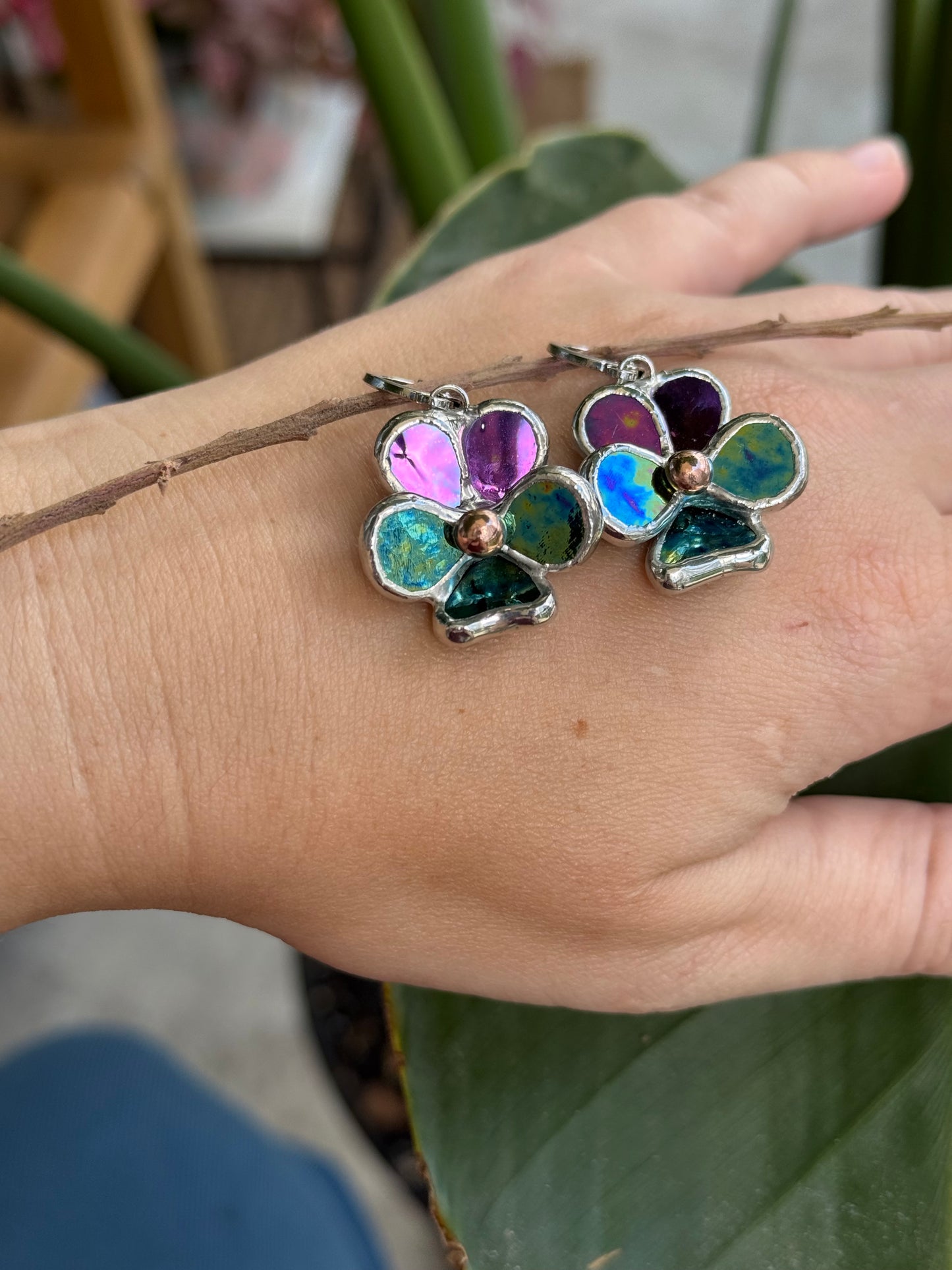 Pansy Earrings Purple lumi &Yellow blue lumi  Handcrafted Stained glass Botanical Art Jewelry