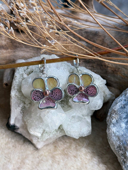 " . Earrings Pansy flower” Stained glass modern floral art jewelry